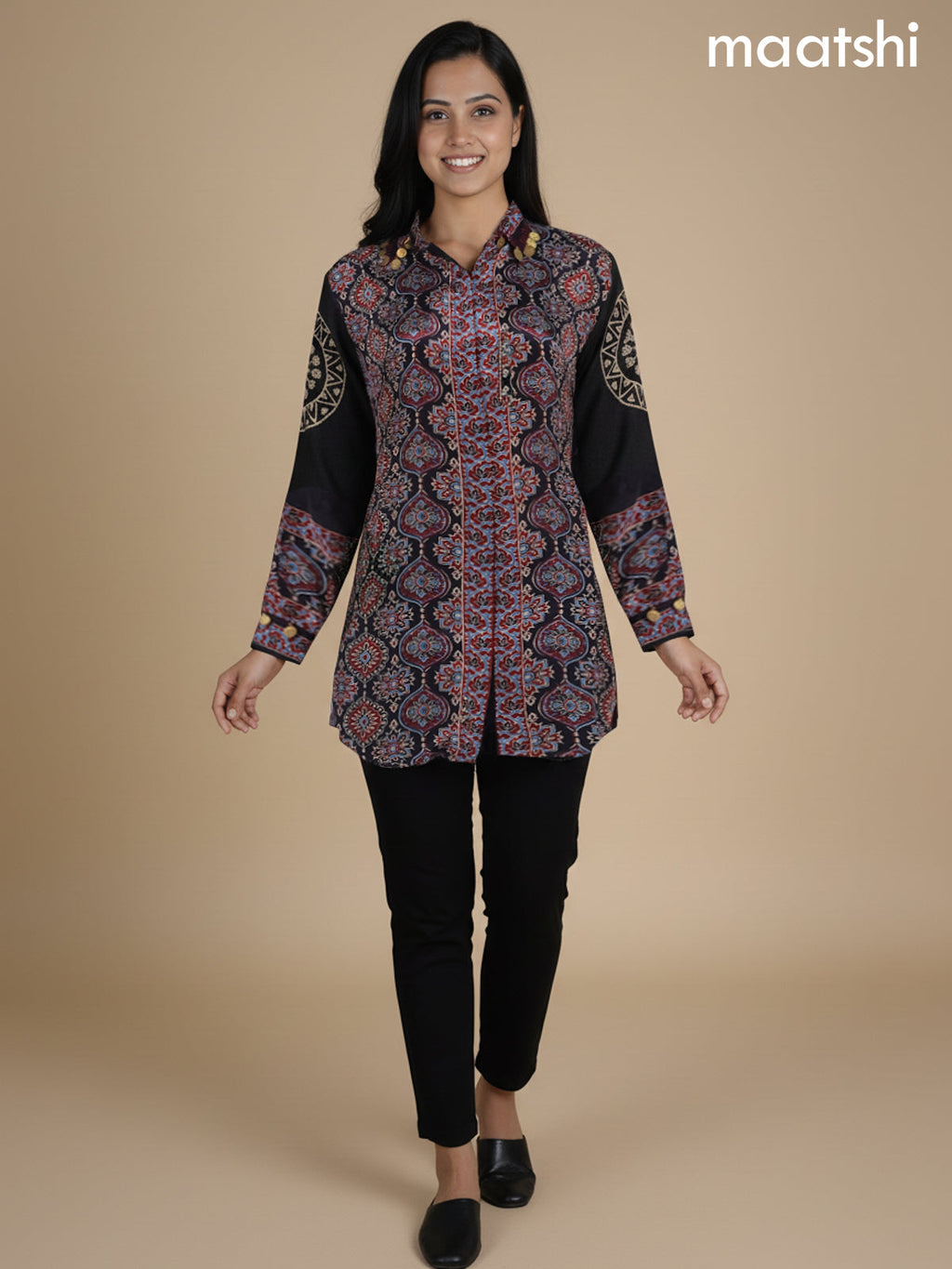 Black and Maroon Crepe Silk Ajrakh Printed Women Shirt