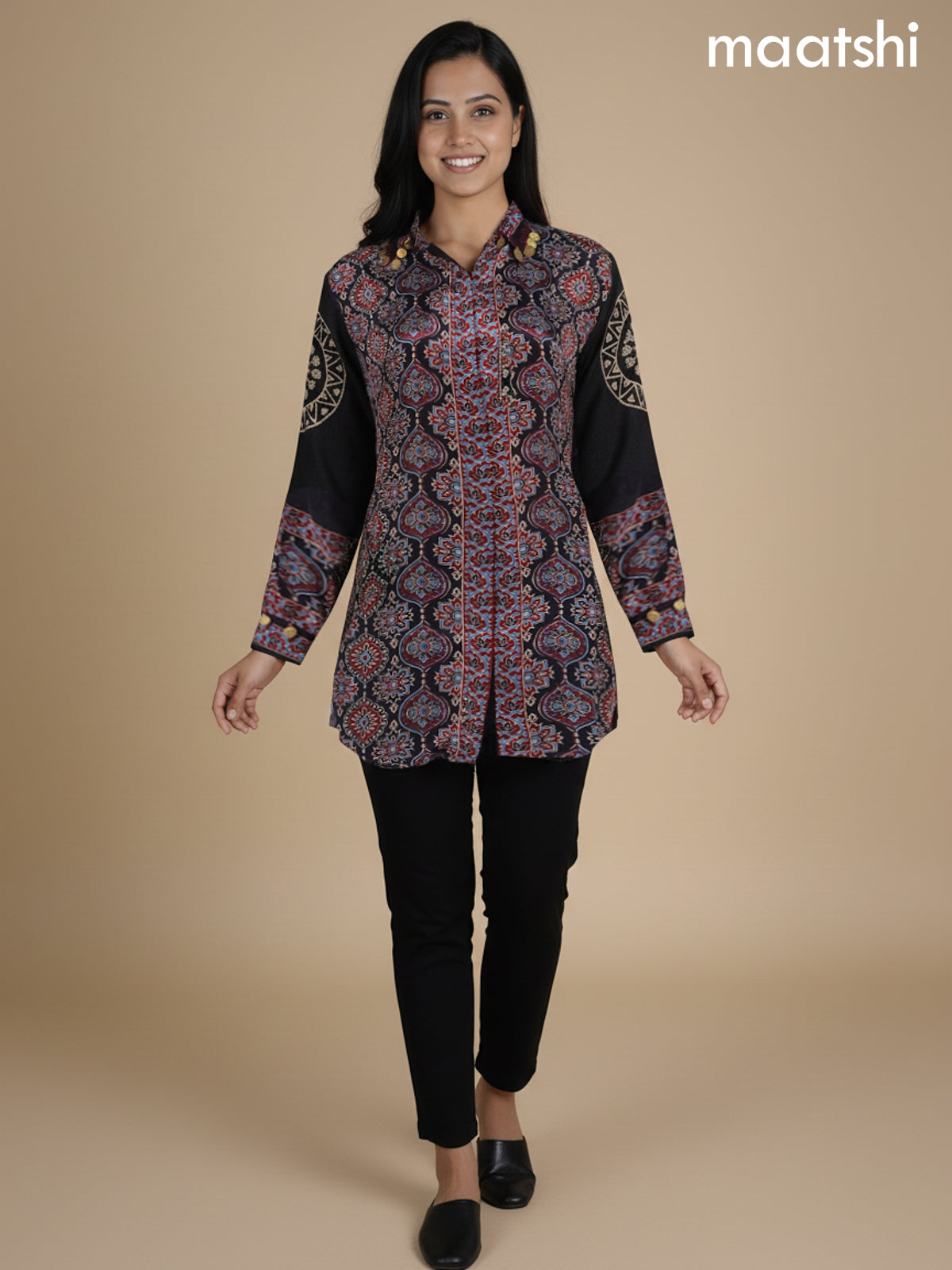 Black and Maroon Crepe Silk Ajrakh Printed Women Shirt