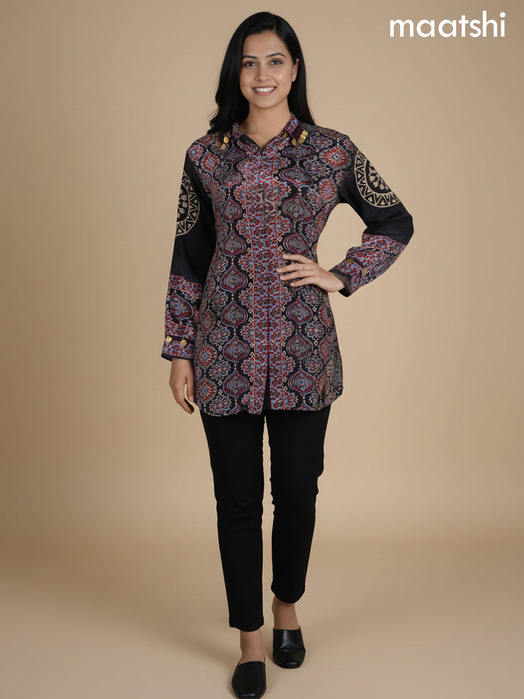 Black and Maroon Crepe Silk Ajrakh Printed Women Shirt