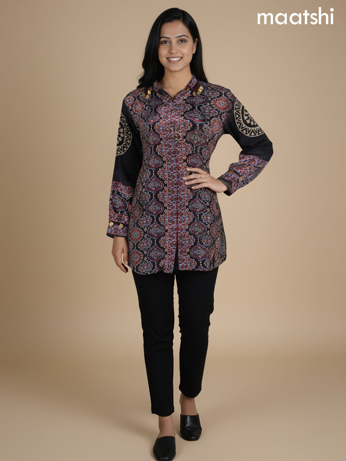 Black and Maroon Crepe Silk Ajrakh Printed Women Shirt