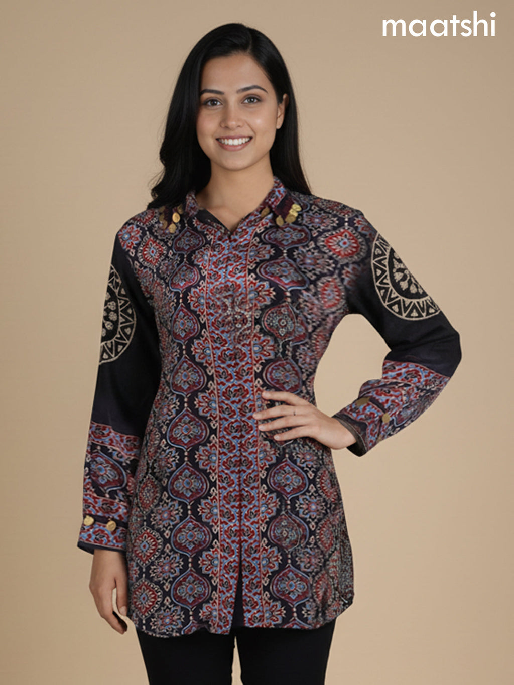 Black and Maroon Crepe Silk Ajrakh Printed Women Shirt