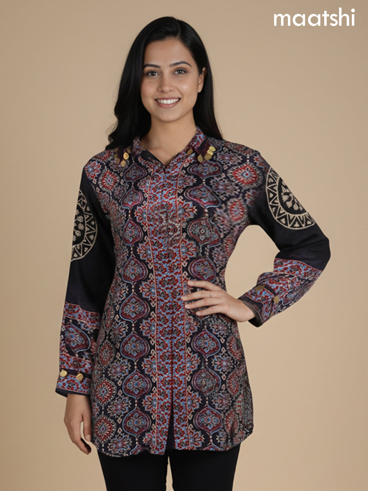 Black and Maroon Crepe Silk Ajrakh Printed Women Shirt
