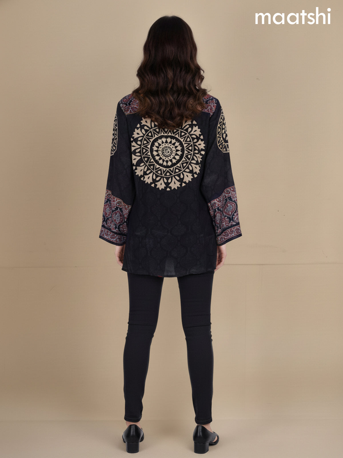 Black and Maroon Crepe Silk Ajrakh Printed Women Shirt