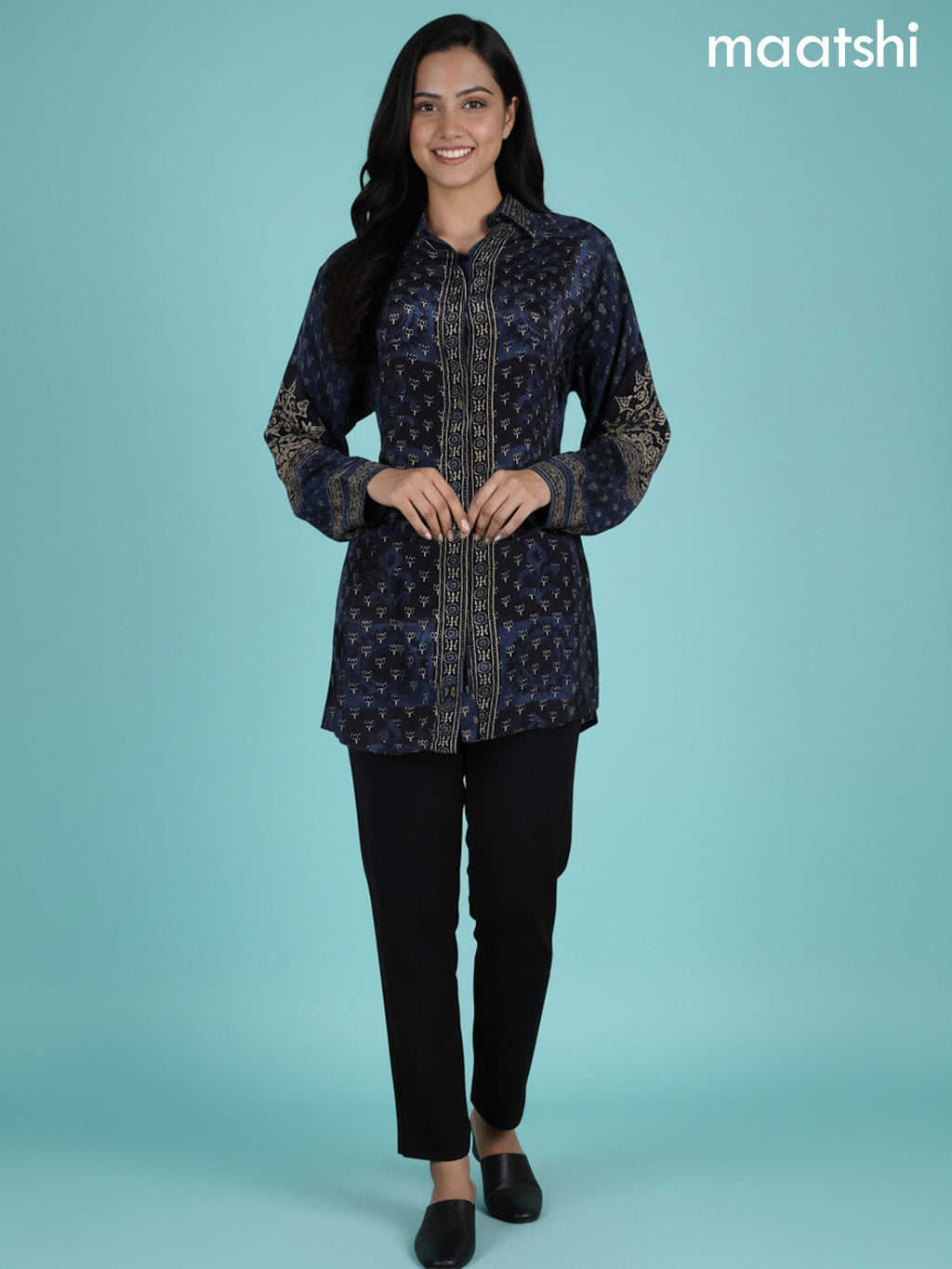 Black and Blue Shade Crepe Silk Ajrakh Printed Women Shirt