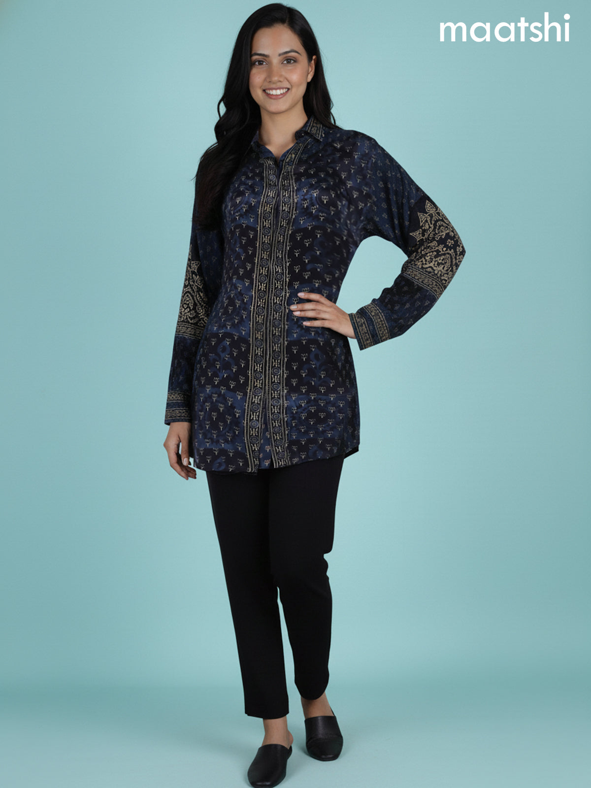 Black and Blue Shade Crepe Silk Ajrakh Printed Women Shirt