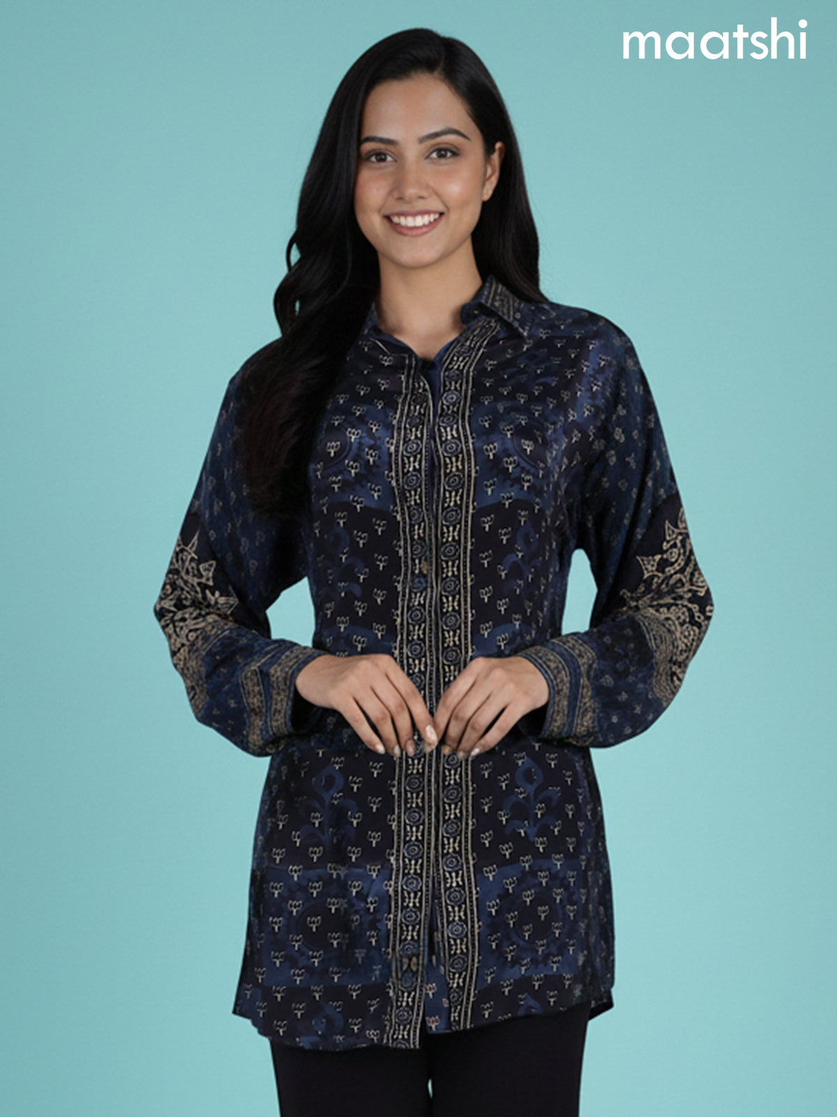 Black and Blue Shade Crepe Silk Ajrakh Printed Women Shirt
