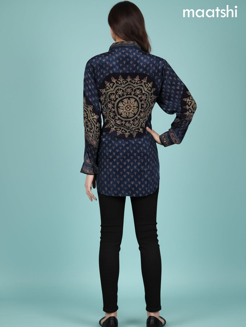 Black and Blue Shade Crepe Silk Ajrakh Printed Women Shirt