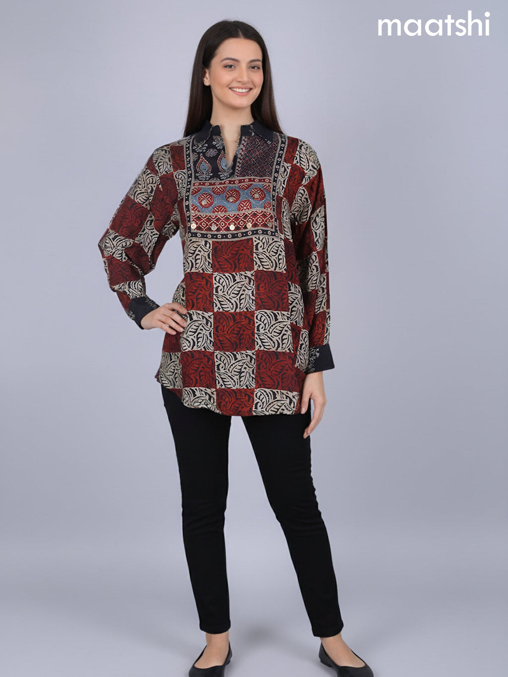 Beige Maroon and Black Crepe Silk Ajrakh Printed Short Kurti