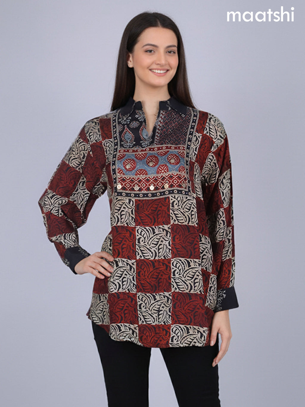 Beige Maroon and Black Crepe Silk Ajrakh Printed Short Kurti