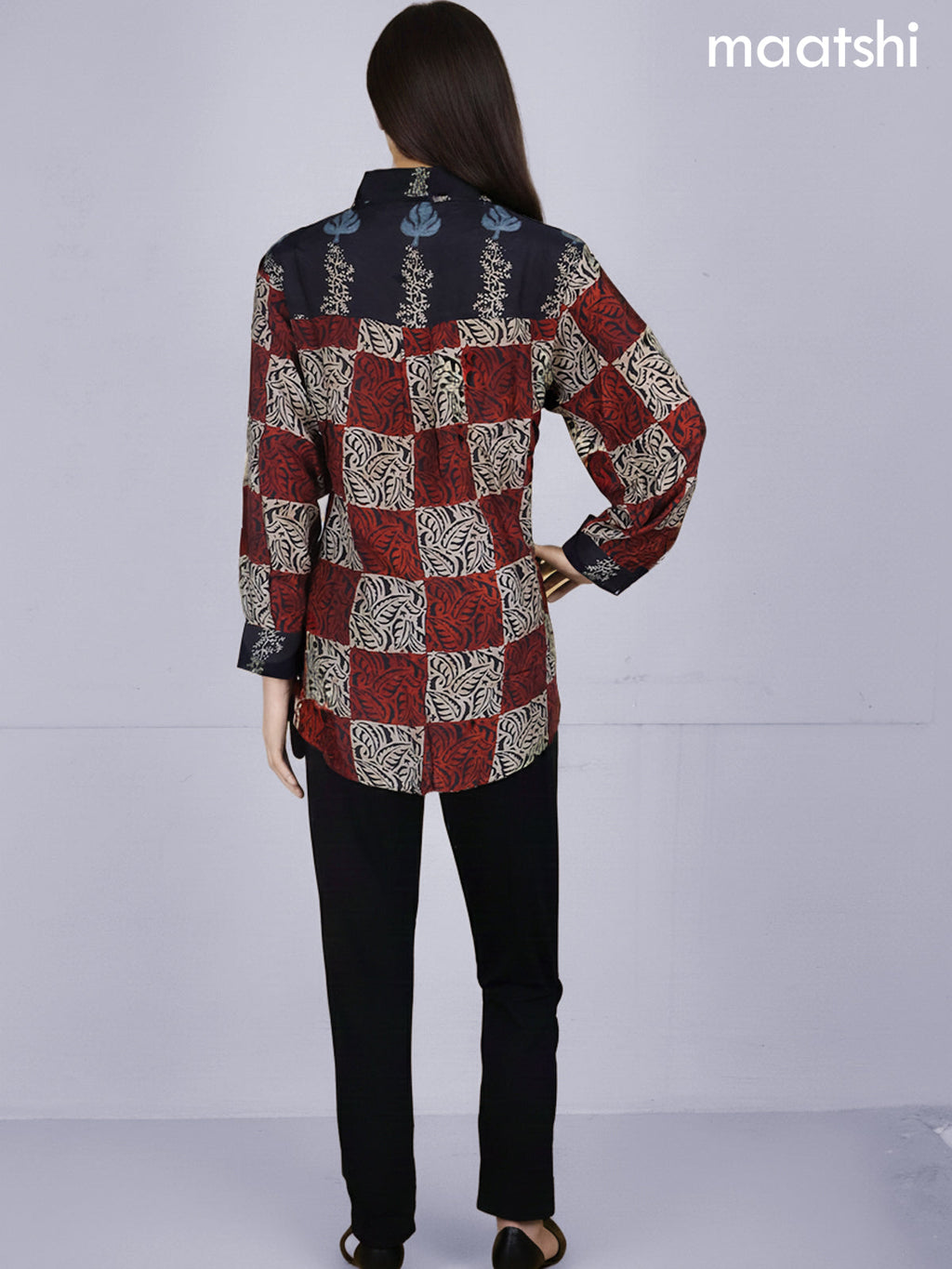 Beige Maroon and Black Crepe Silk Ajrakh Printed Short Kurti