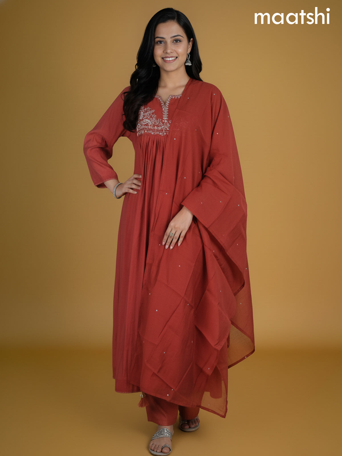 Rust Shade Chanderi Beaded Work Neck Pattern Anarkali Suit