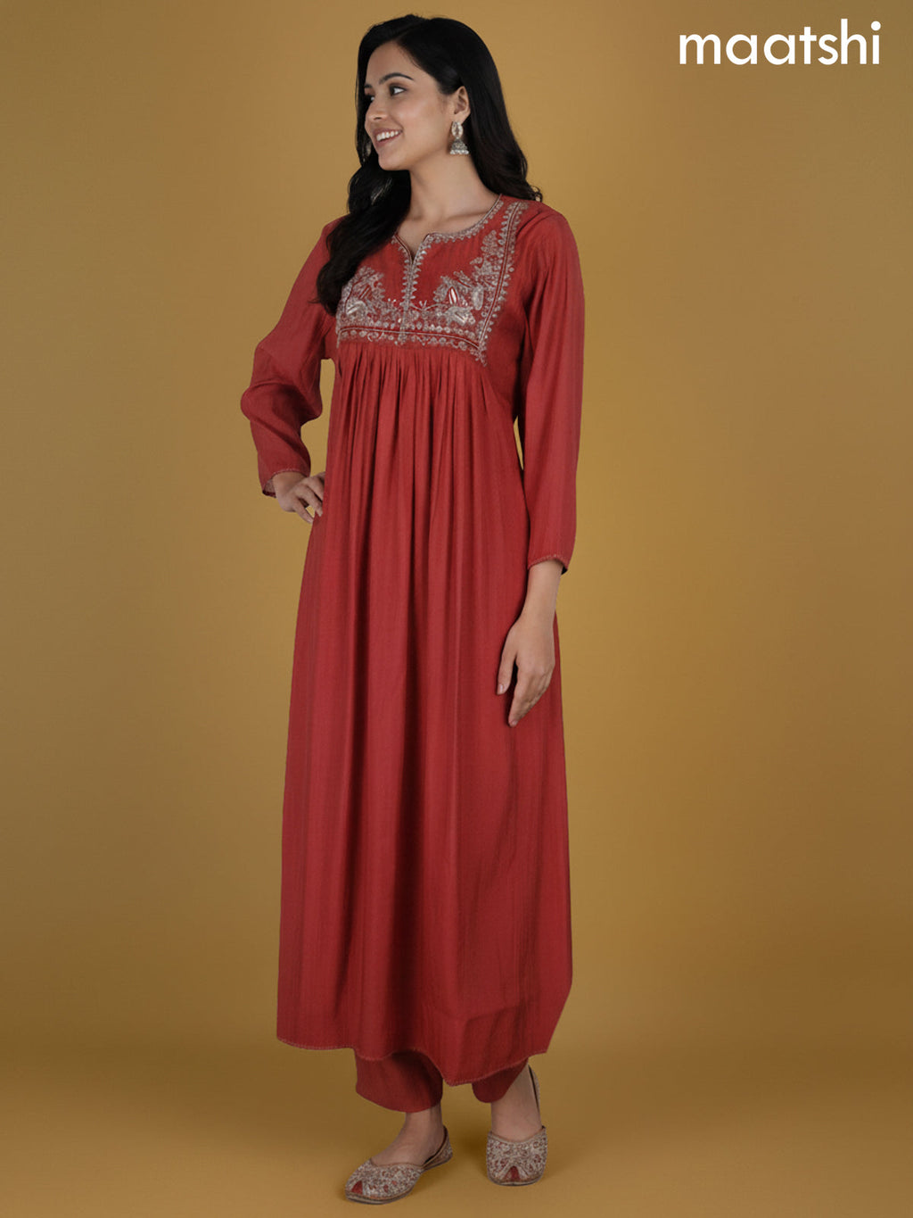 Rust Shade Chanderi Beaded Work Neck Pattern Anarkali Suit