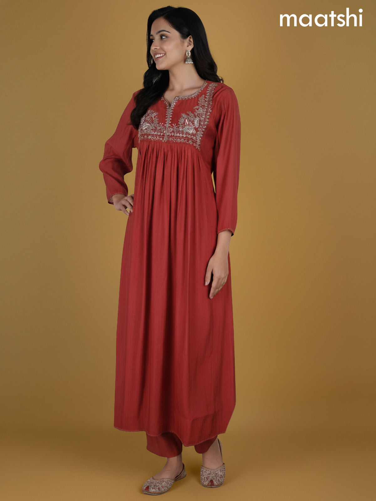 Rust Shade Chanderi Beaded Work Neck Pattern Anarkali Suit