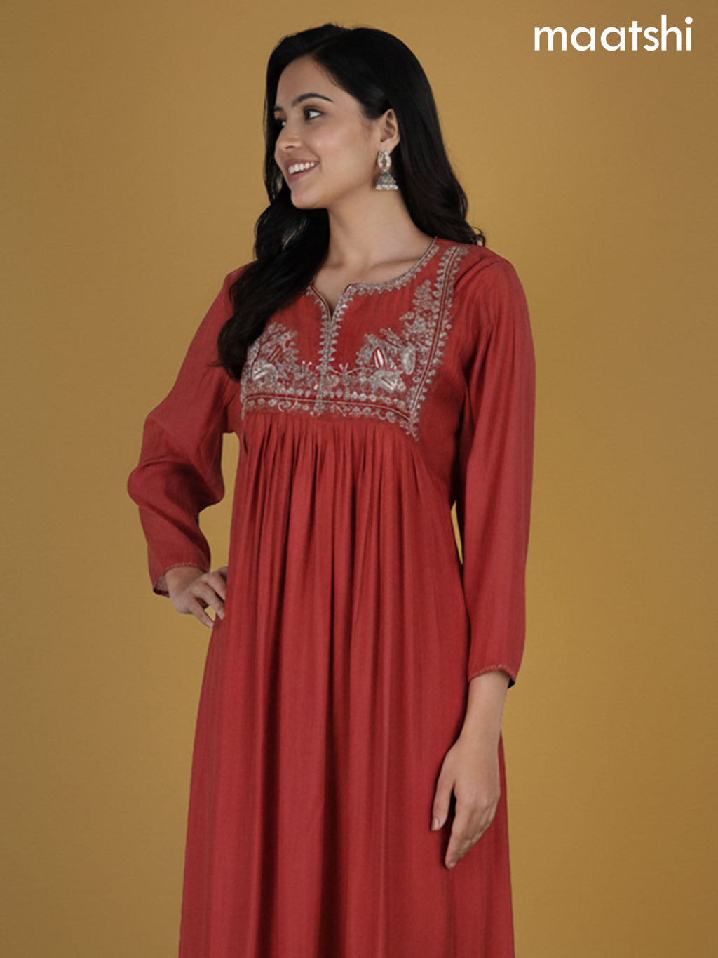 Rust Shade Chanderi Beaded Work Neck Pattern Anarkali Suit