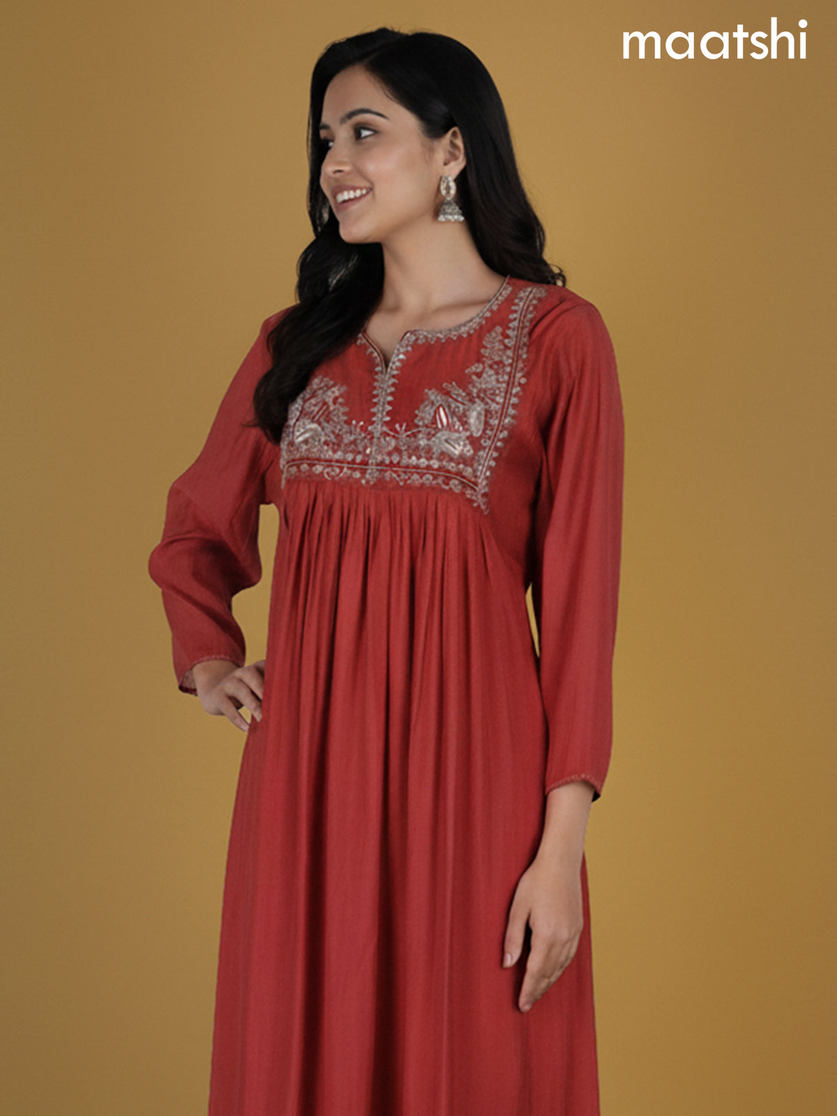 Rust Shade Chanderi Beaded Work Neck Pattern Anarkali Suit