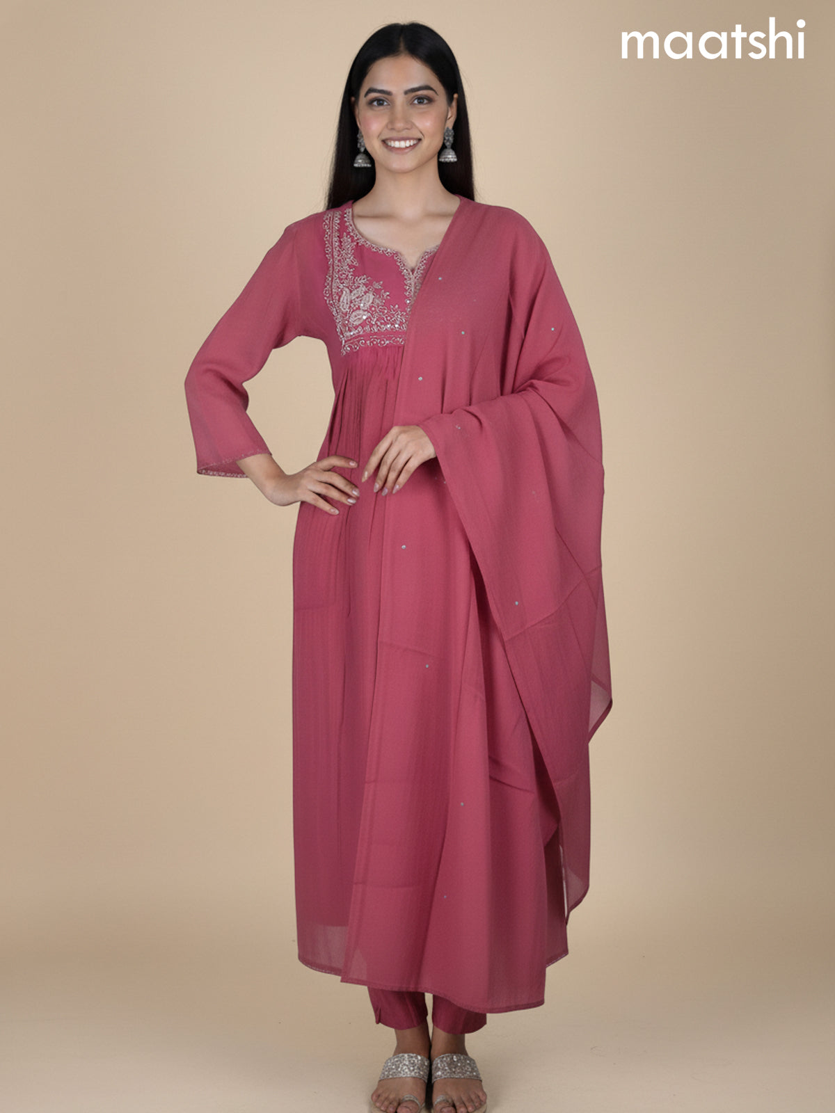 Peach Shade Chanderi Beaded Work Neck Pattern Anarkali Suit