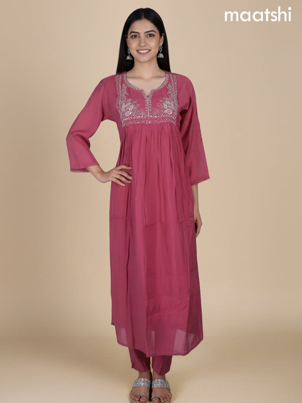 Peach Shade Chanderi Beaded Work Neck Pattern Anarkali Suit