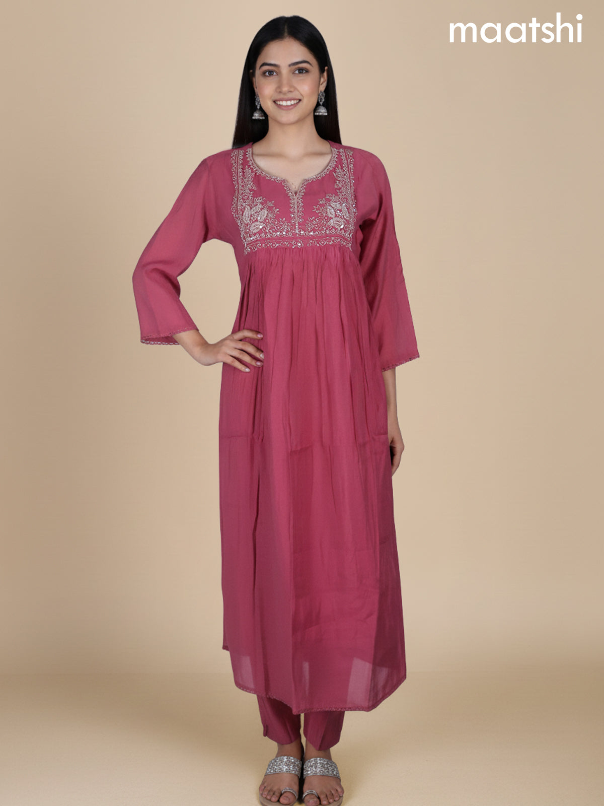 Peach Shade Chanderi Beaded Work Neck Pattern Anarkali Suit