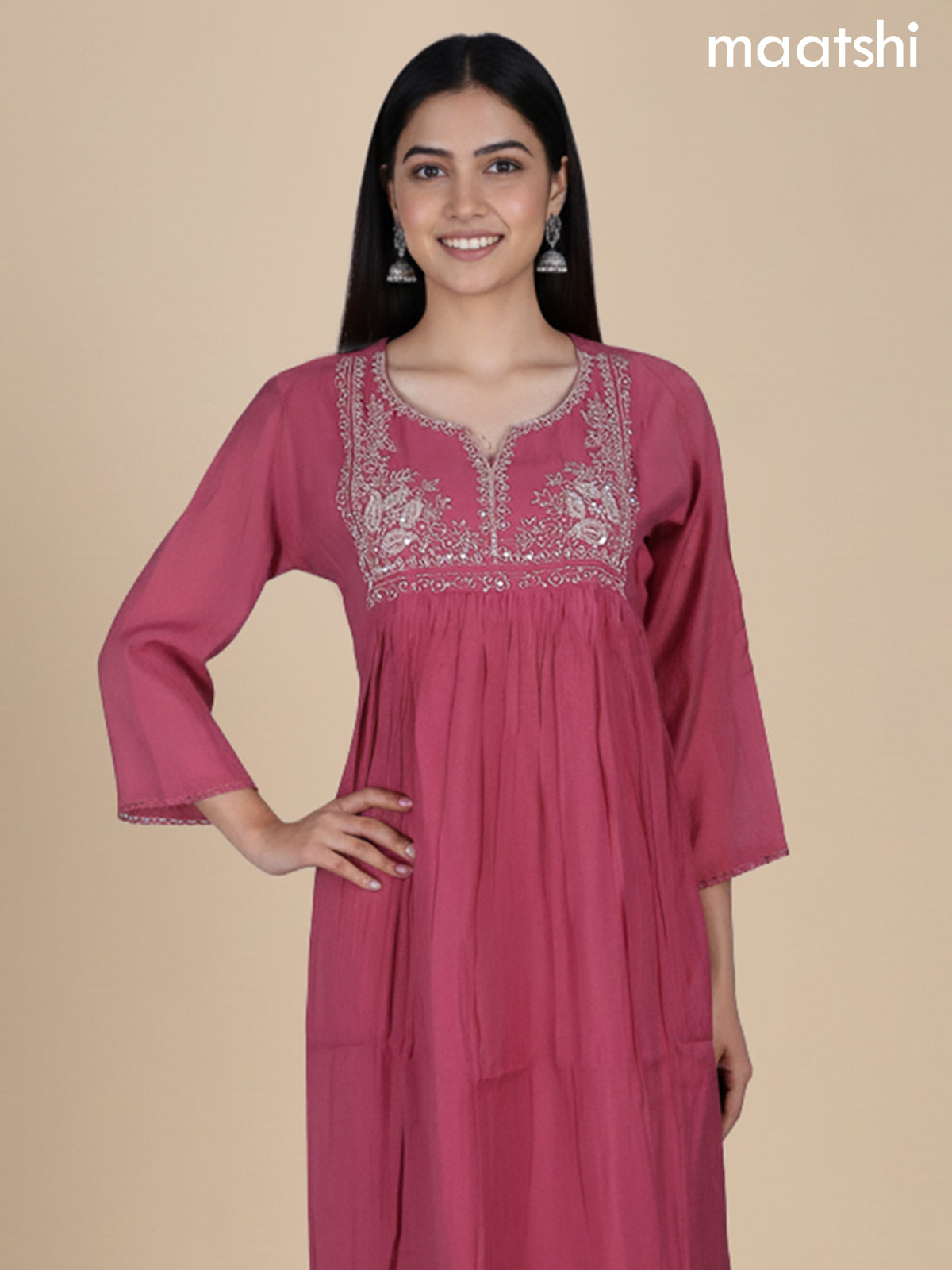 Peach Shade Chanderi Beaded Work Neck Pattern Anarkali Suit