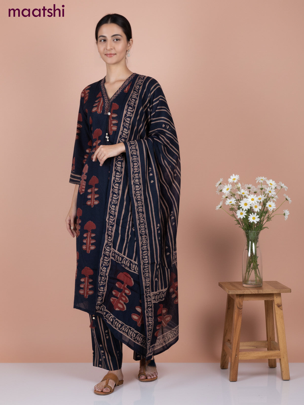 Cotton salwar suit dark peacock green with dabu prints & mirror embroidery work neck pattern and straight cut pant & dupatta