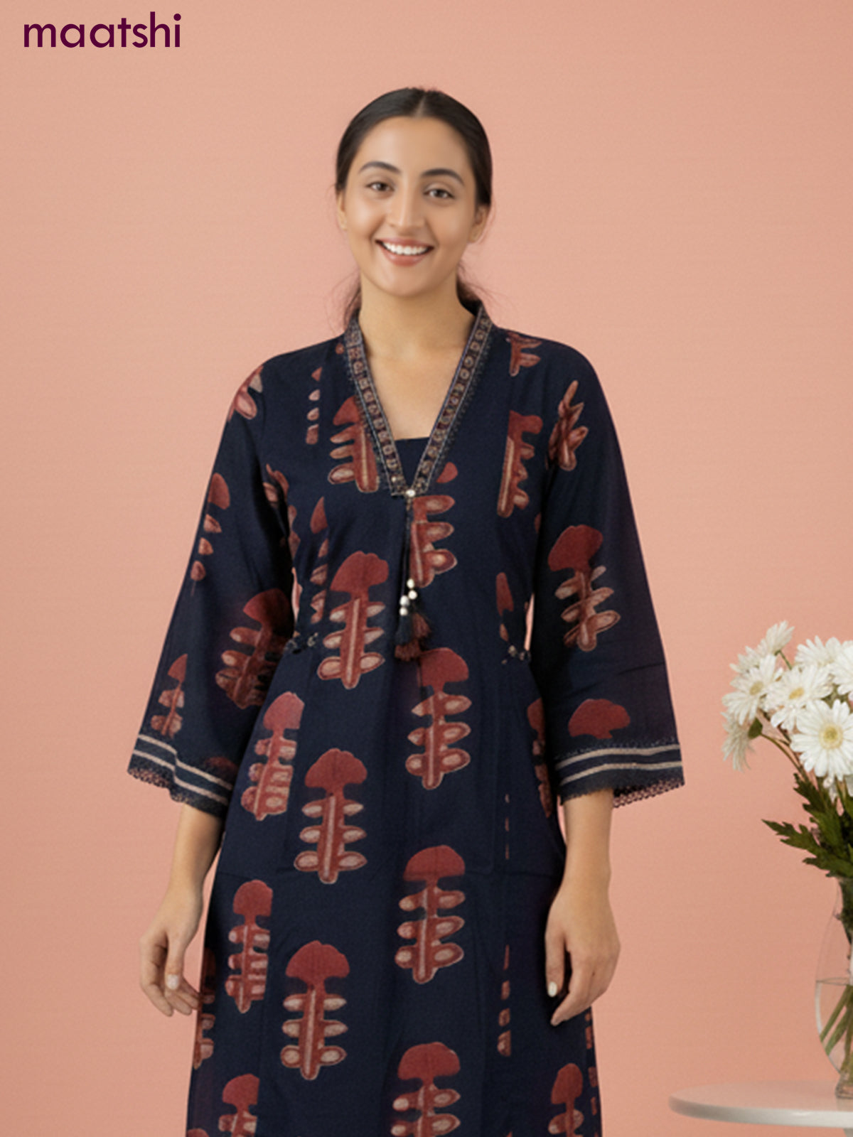 Cotton salwar suit dark peacock green with dabu prints & mirror embroidery work neck pattern and straight cut pant & dupatta