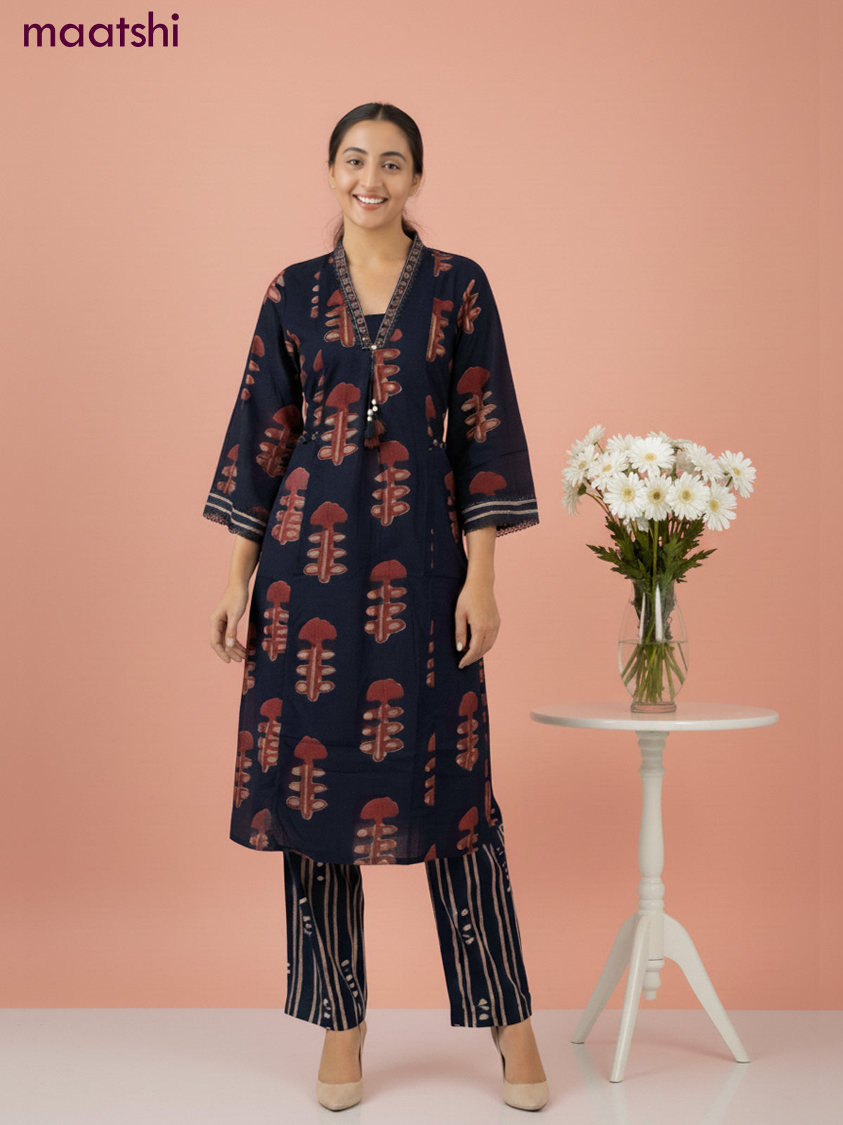 Cotton salwar suit dark peacock green with dabu prints & mirror embroidery work neck pattern and straight cut pant & dupatta