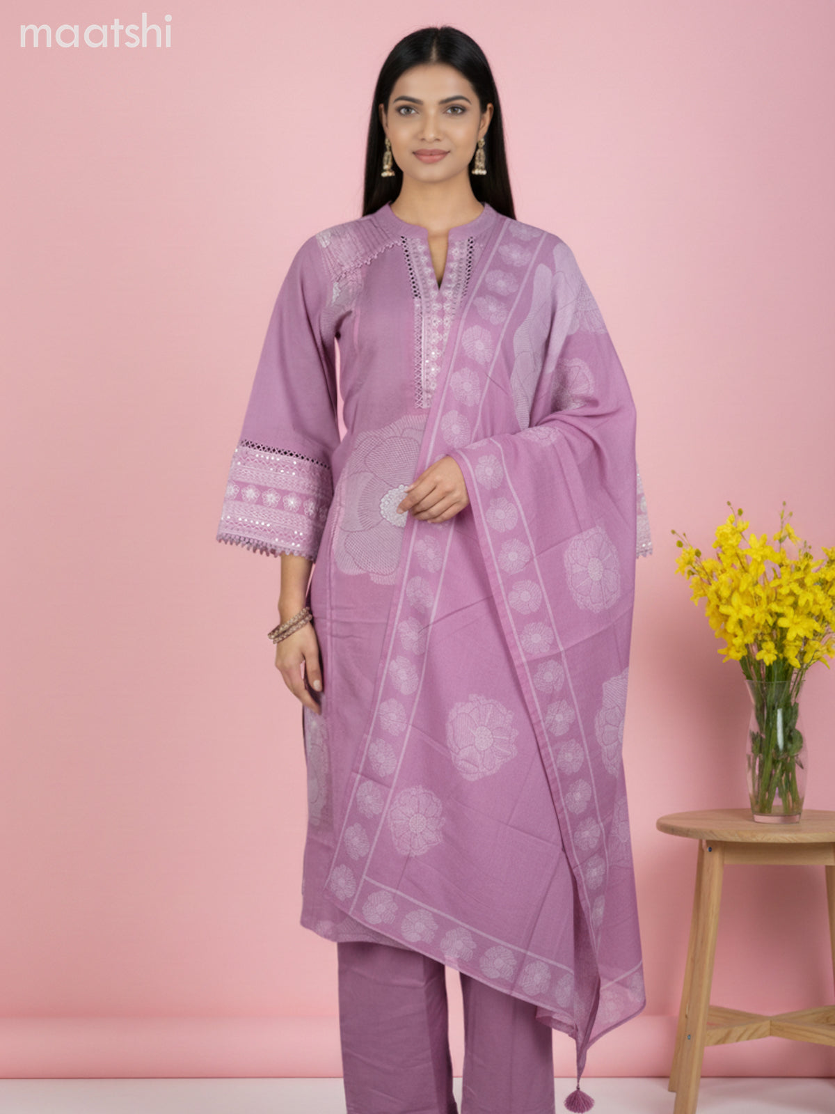 Cotton salwar suit mauve pink with prints & embroidery sequin work neck pattern and palazzo pant & dupatta