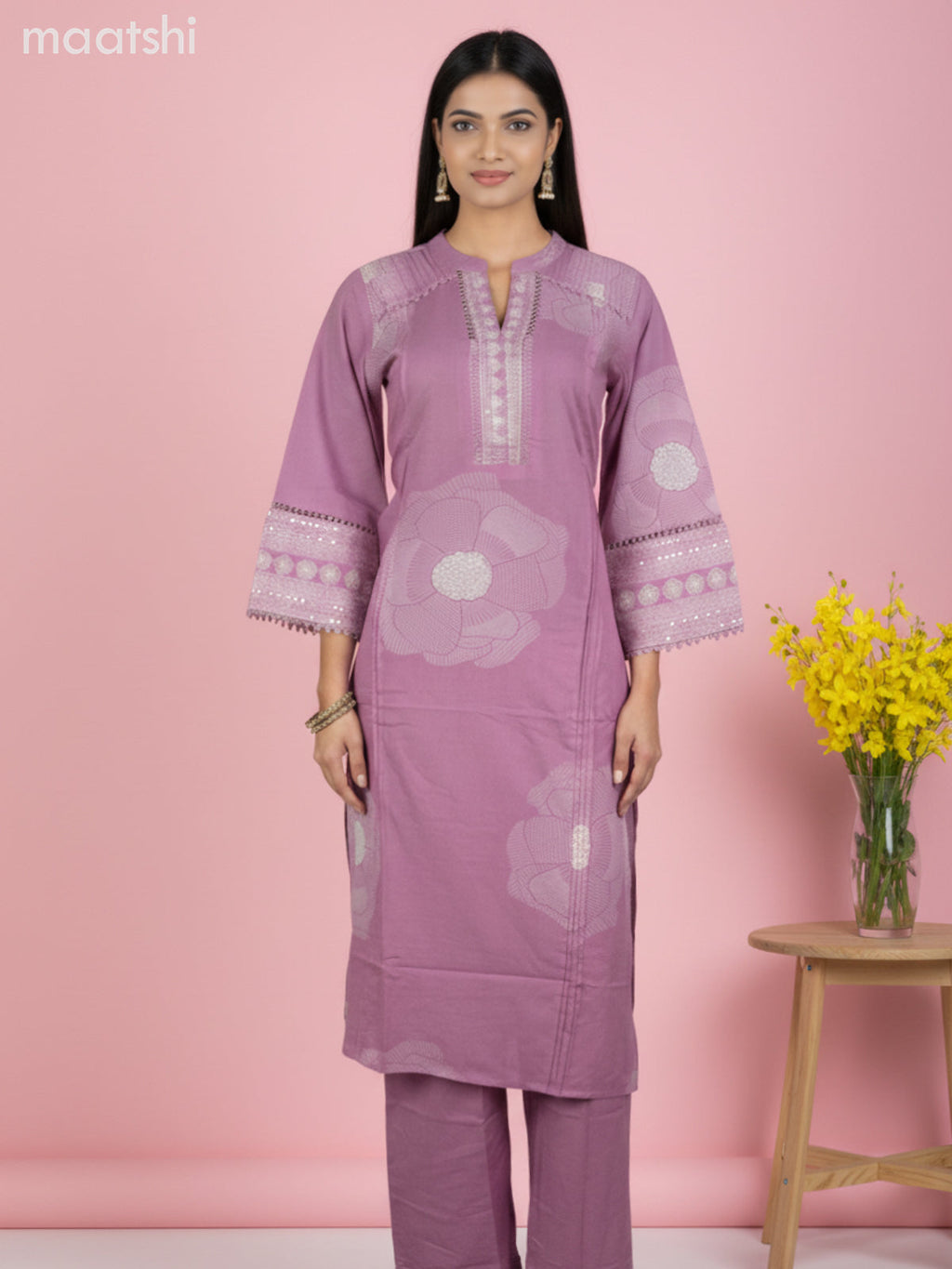 Cotton salwar suit mauve pink with prints & embroidery sequin work neck pattern and palazzo pant & dupatta