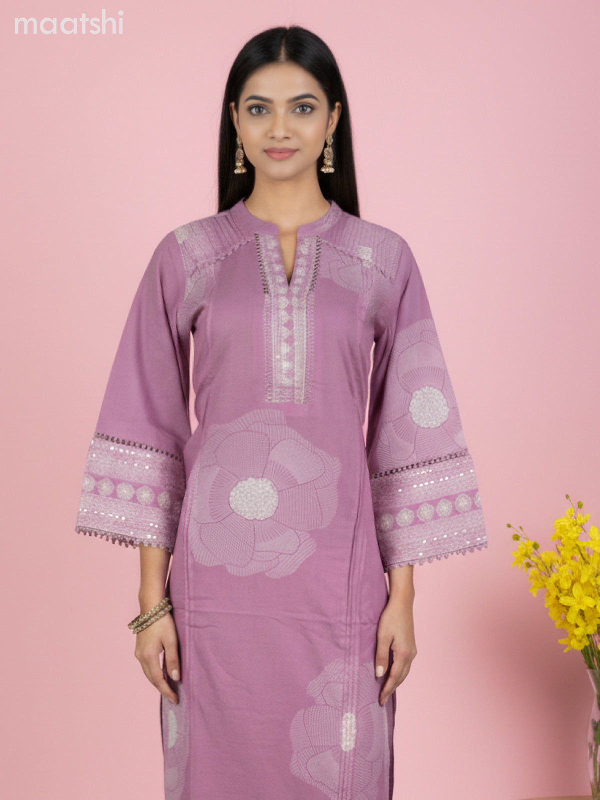 Cotton salwar suit mauve pink with prints & embroidery sequin work neck pattern and palazzo pant & dupatta