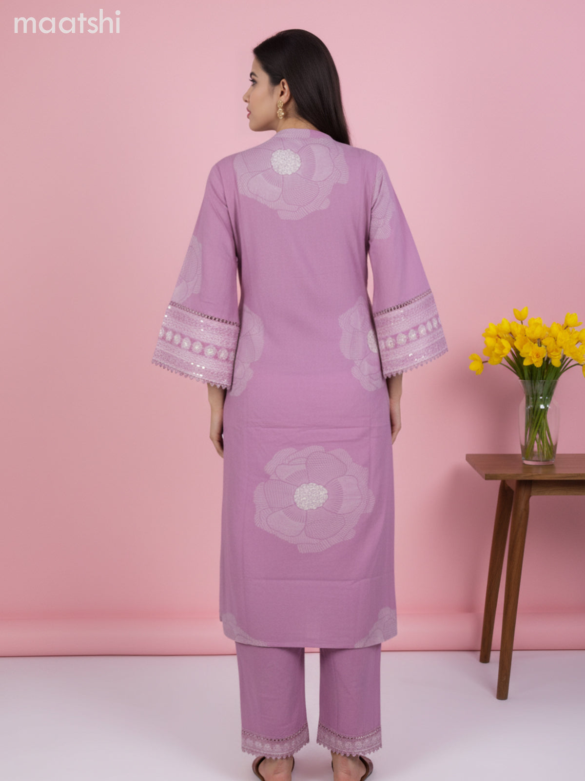 Cotton salwar suit mauve pink with prints & embroidery sequin work neck pattern and palazzo pant & dupatta