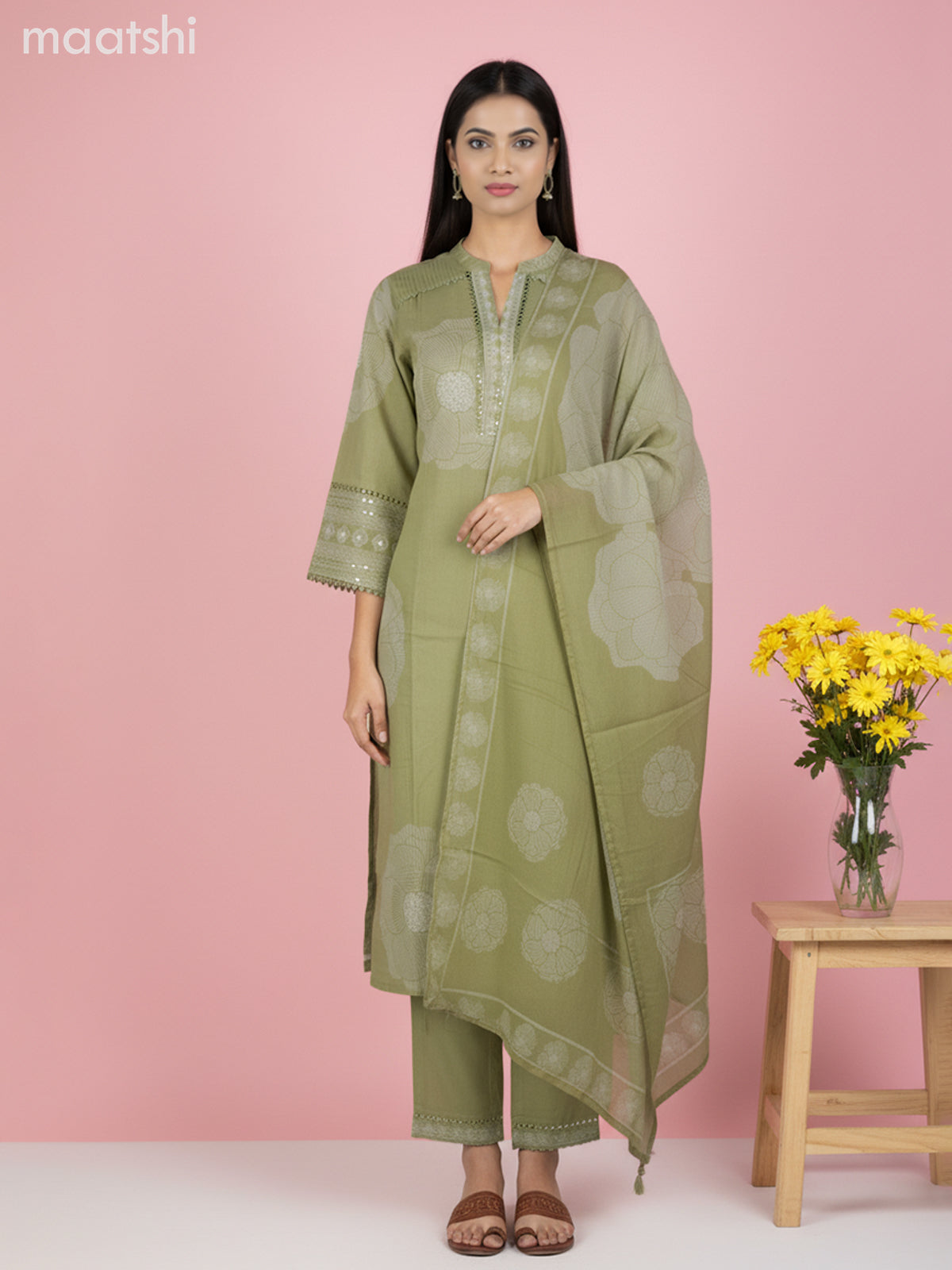Cotton salwar suit green shade with prints & embroidery sequin work neck pattern and palazzo pant & dupatta