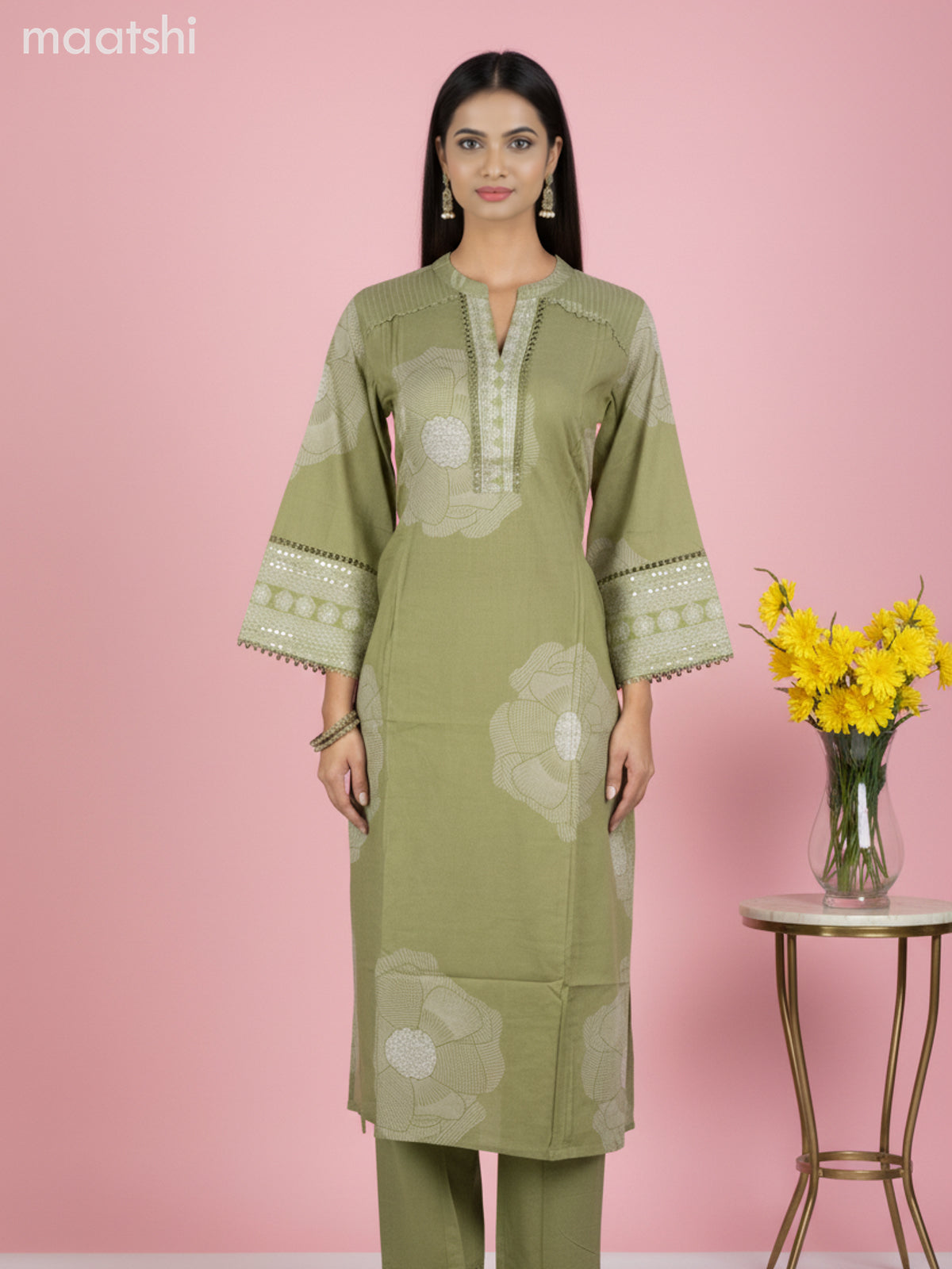 Cotton salwar suit green shade with prints & embroidery sequin work neck pattern and palazzo pant & dupatta