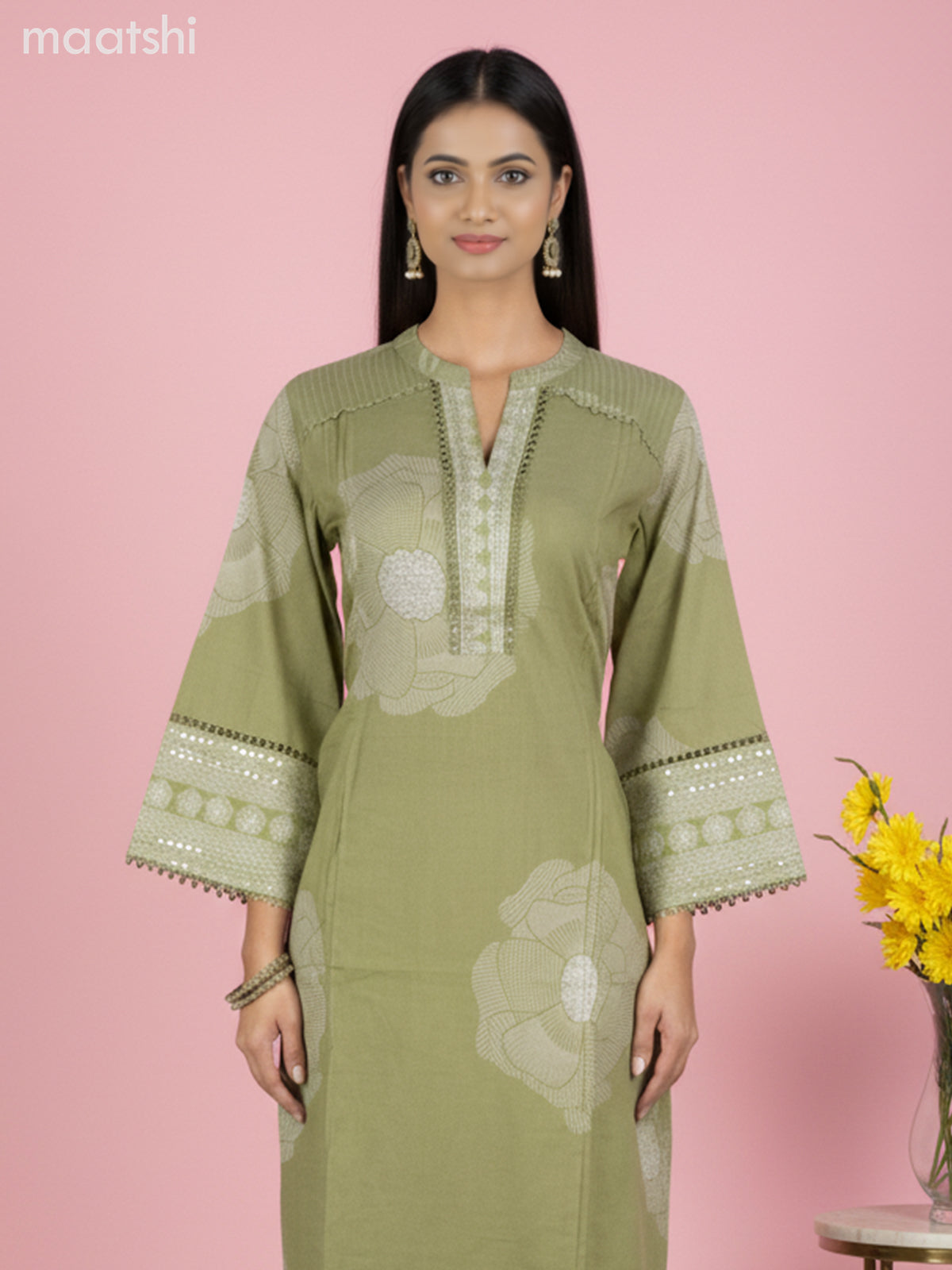 Cotton salwar suit green shade with prints & embroidery sequin work neck pattern and palazzo pant & dupatta