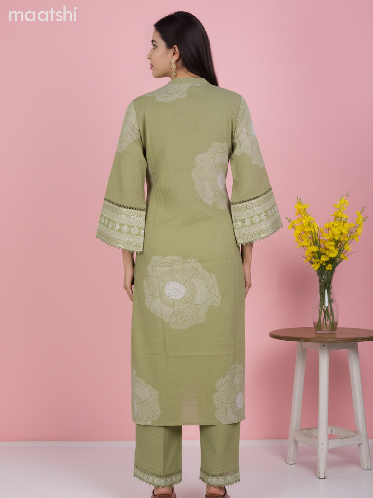 Cotton salwar suit green shade with prints & embroidery sequin work neck pattern and palazzo pant & dupatta