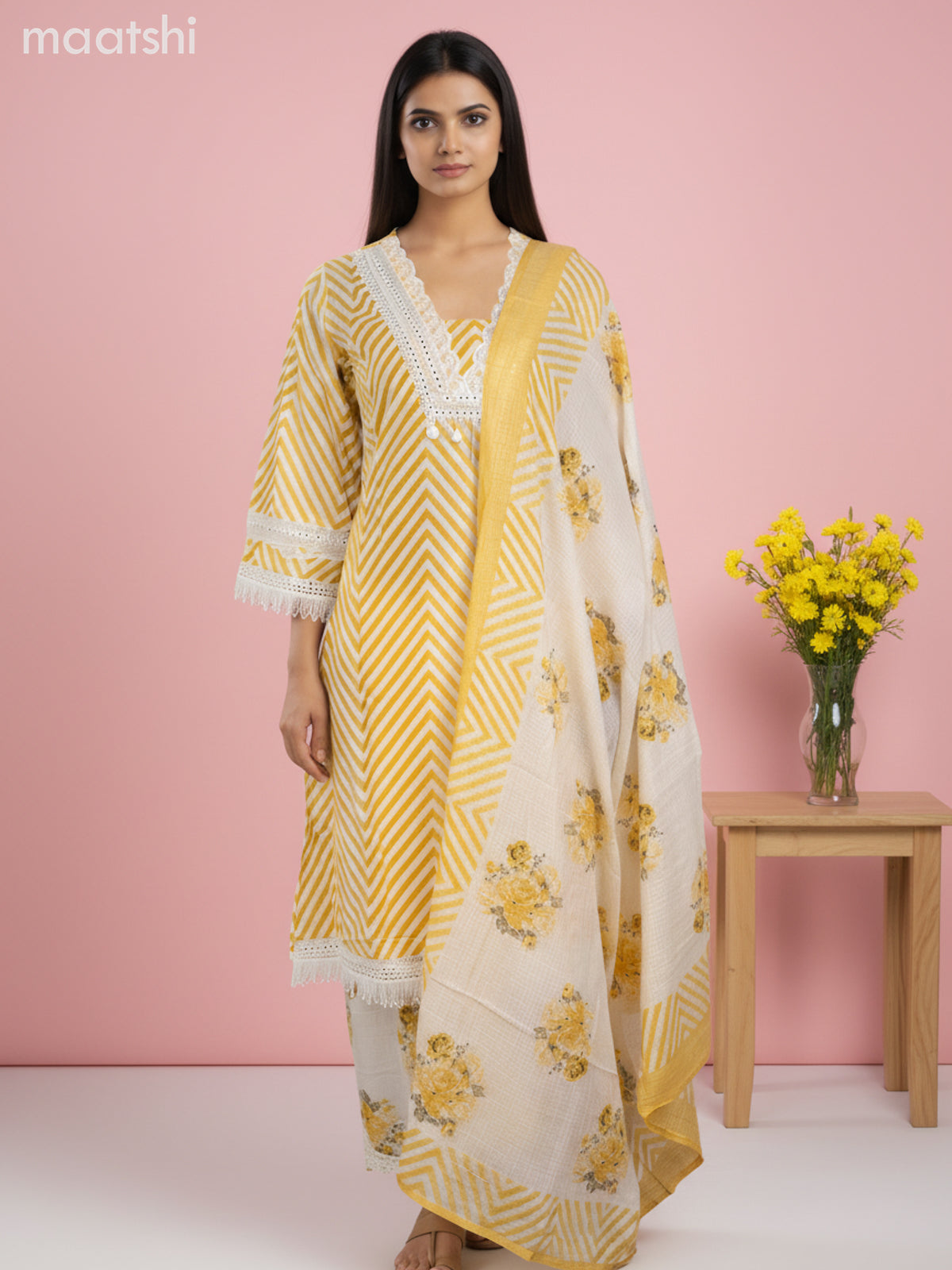 A-line salwar suit off white with bell sleeve & lace work neck pattern and palazzo pant & kota dupatta