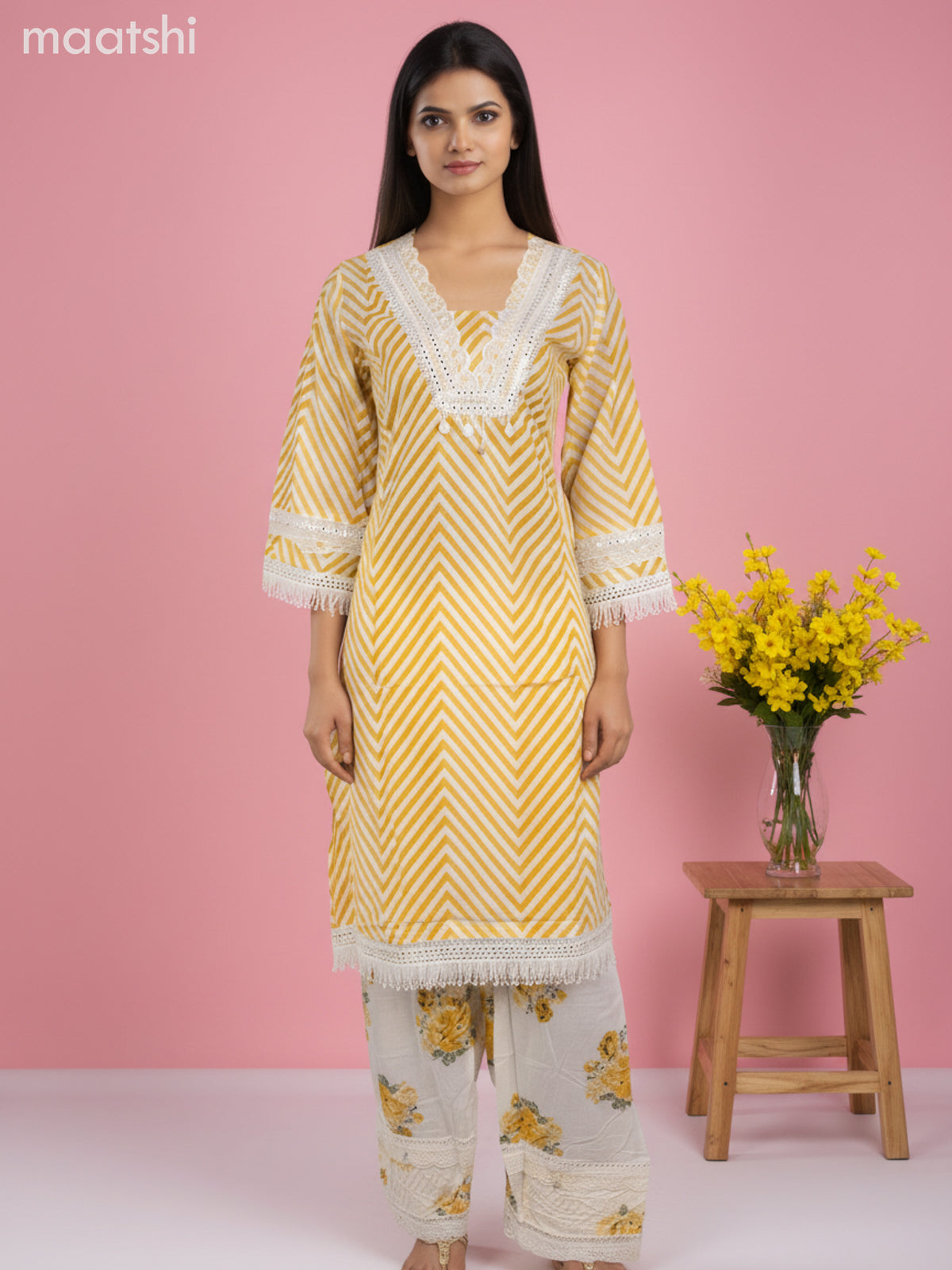 A-line salwar suit off white with bell sleeve & lace work neck pattern and palazzo pant & kota dupatta