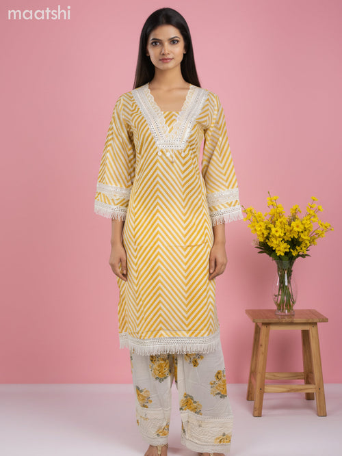 A-line salwar suit off white with bell sleeve & lace work neck pattern and palazzo pant & kota dupatta