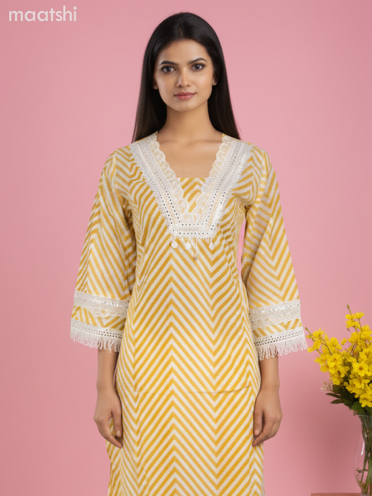 A-line salwar suit off white with bell sleeve & lace work neck pattern and palazzo pant & kota dupatta