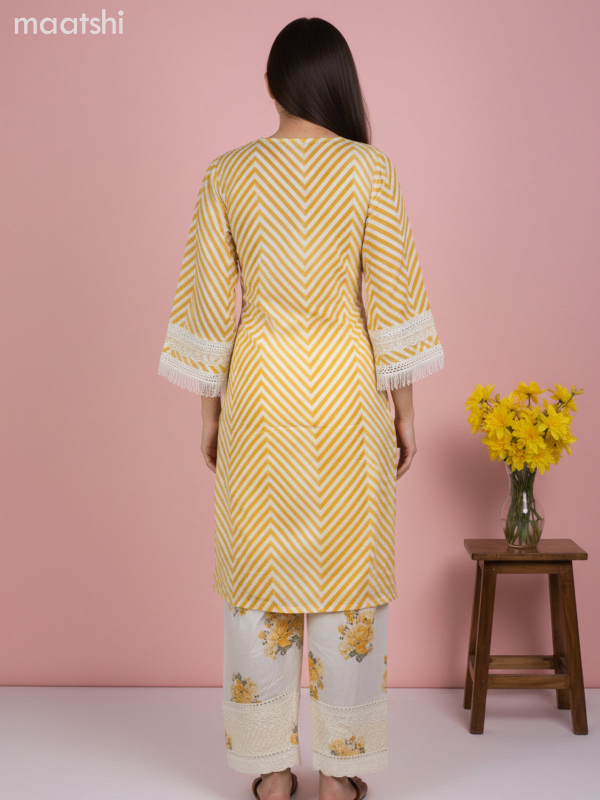 A-line salwar suit off white with bell sleeve & lace work neck pattern and palazzo pant & kota dupatta