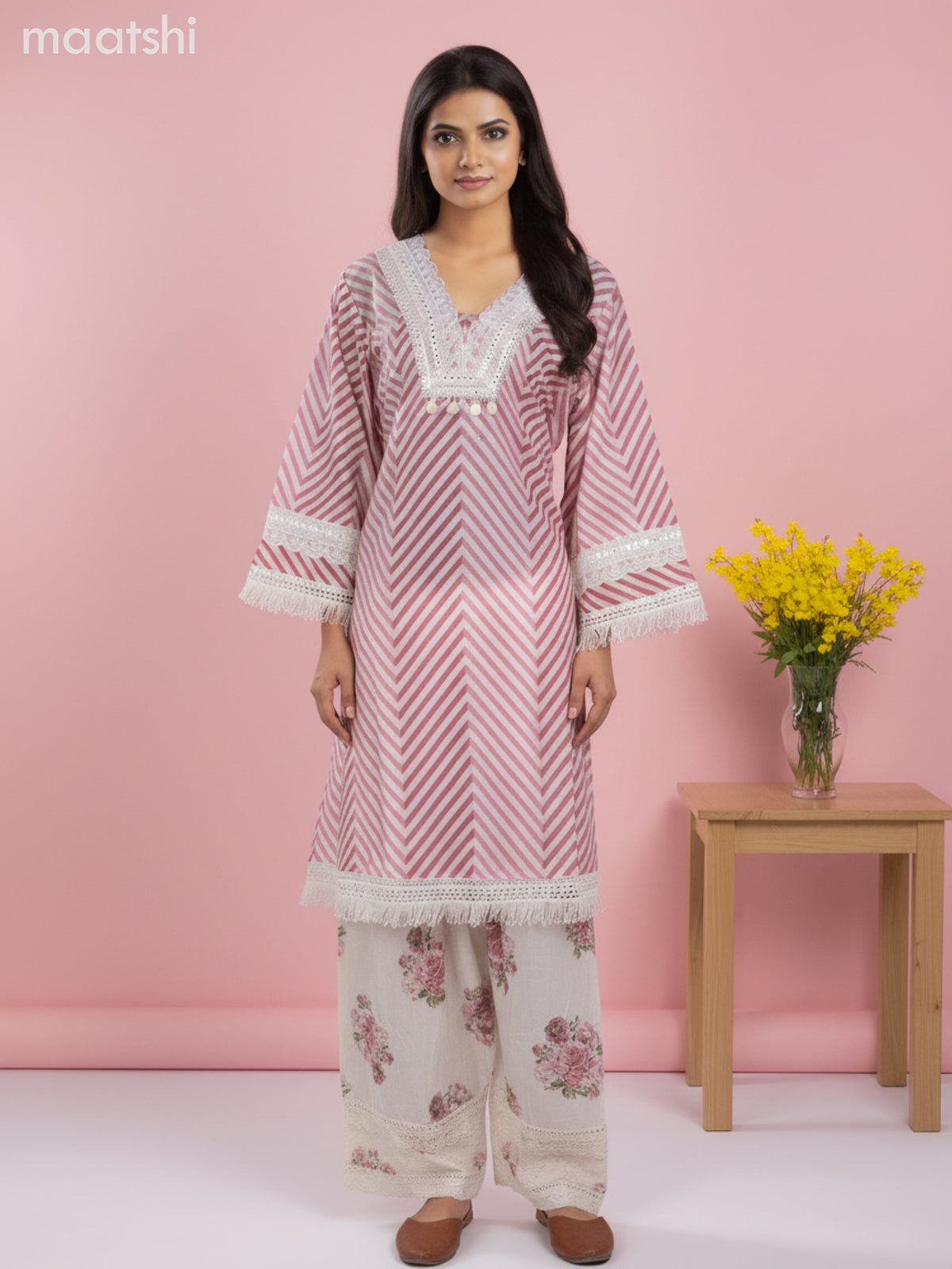 A-line salwar suit off white with bell sleeve & lace work neck pattern and palazzo pant & kota dupatta