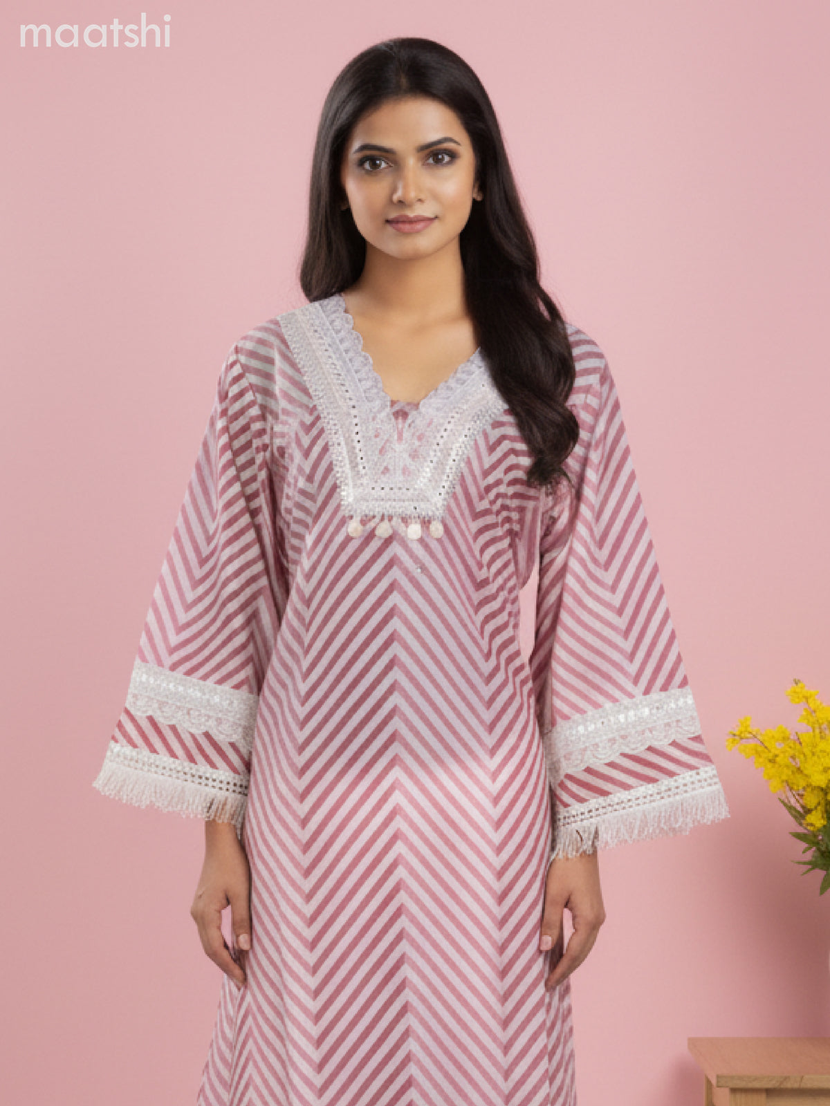 A-line salwar suit off white with bell sleeve & lace work neck pattern and palazzo pant & kota dupatta