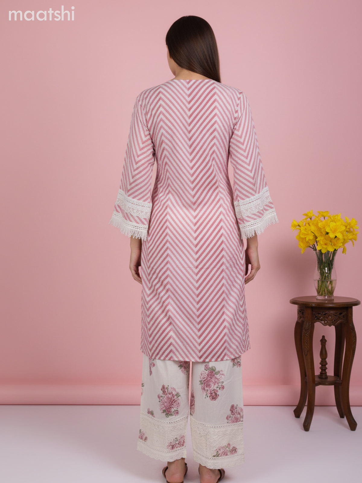 A-line salwar suit off white with bell sleeve & lace work neck pattern and palazzo pant & kota dupatta