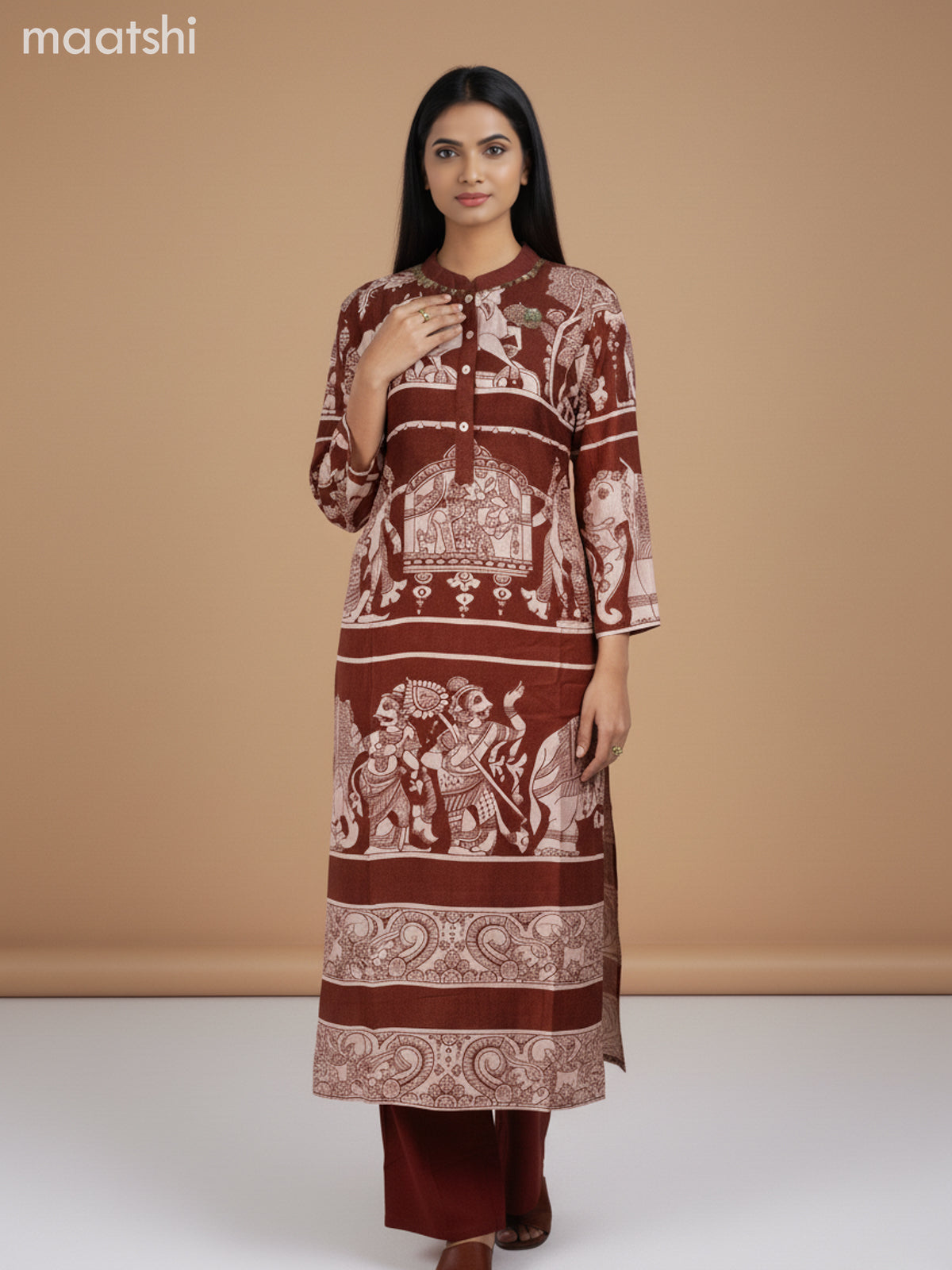 Modal kurti set maroon with allover kalamkari prints & simple neck pattern and palazzo pant