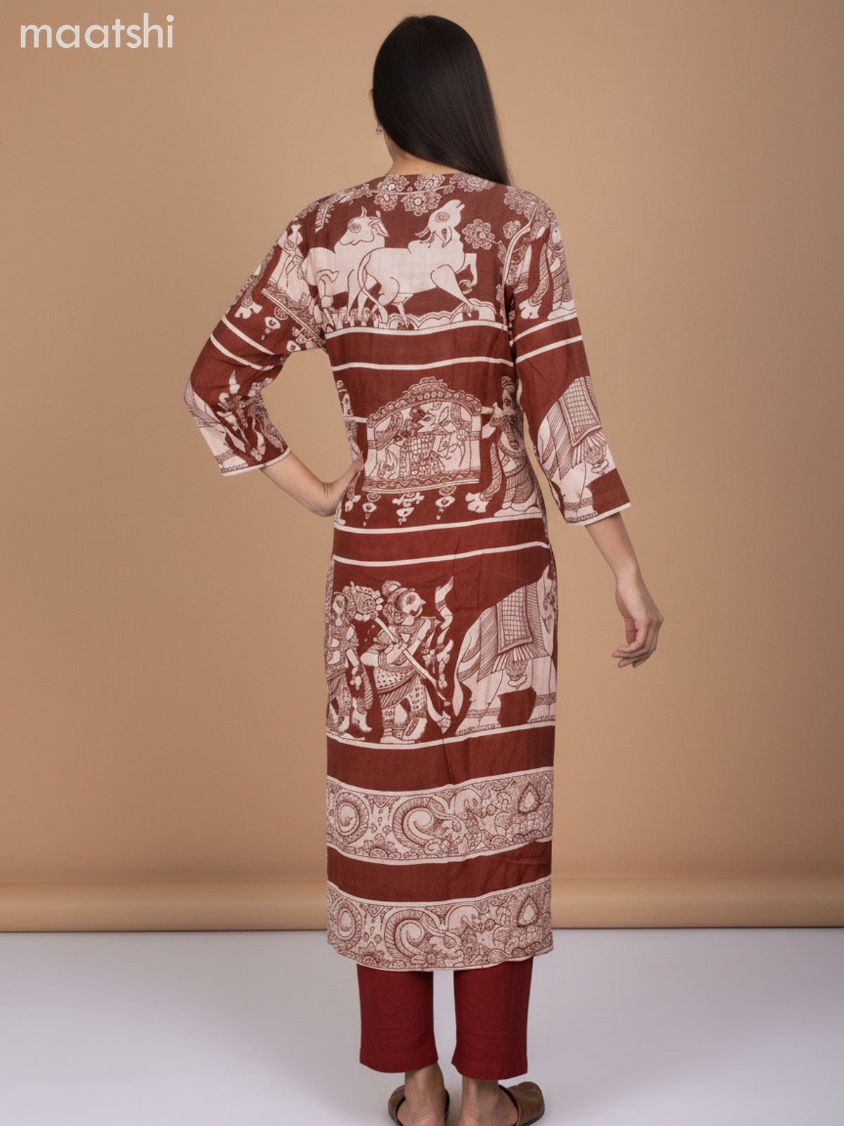 Modal kurti set maroon with allover kalamkari prints & simple neck pattern and palazzo pant