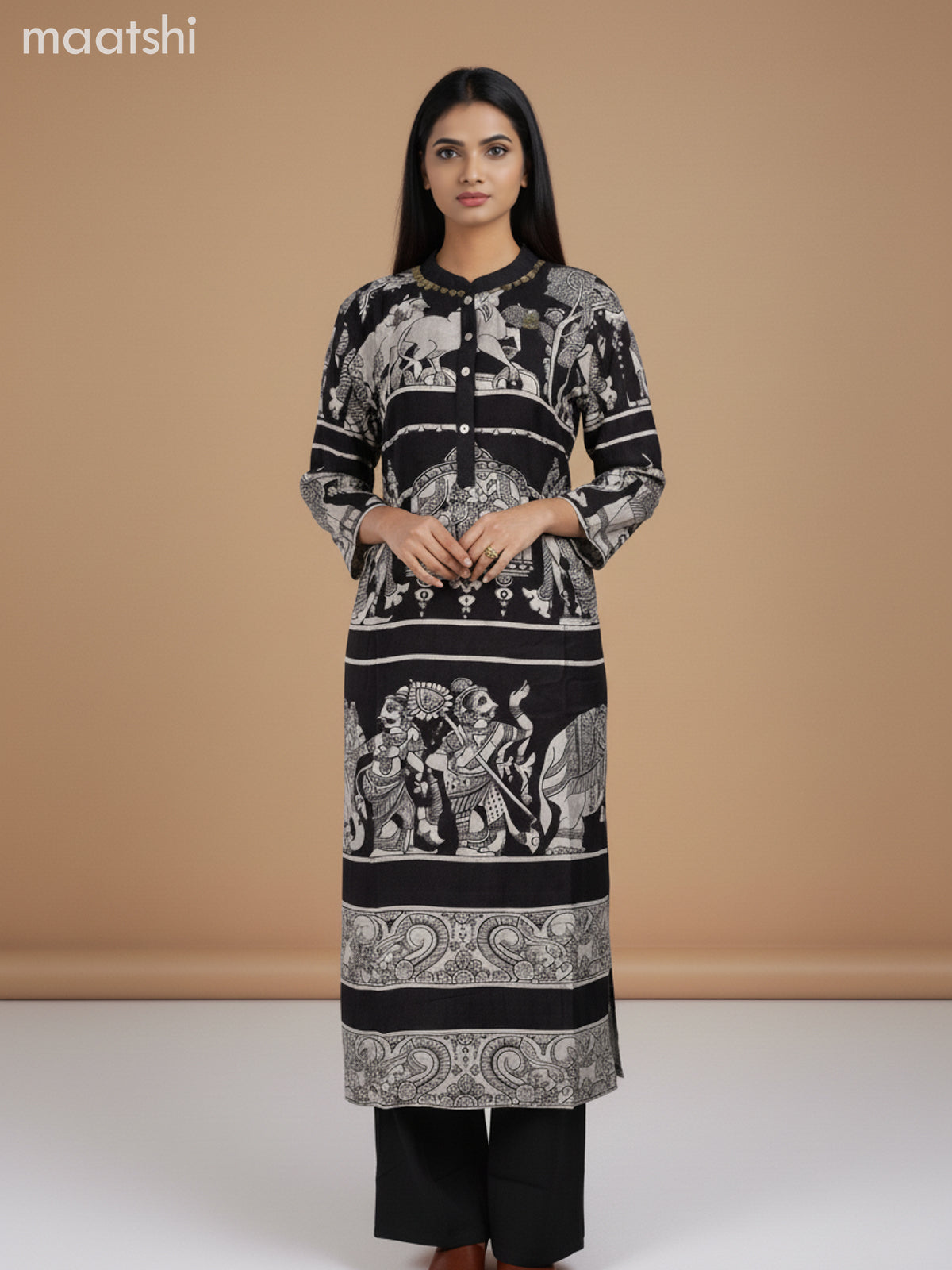 Modal kurti set black with allover kalamkari prints & simple neck pattern and palazzo pant