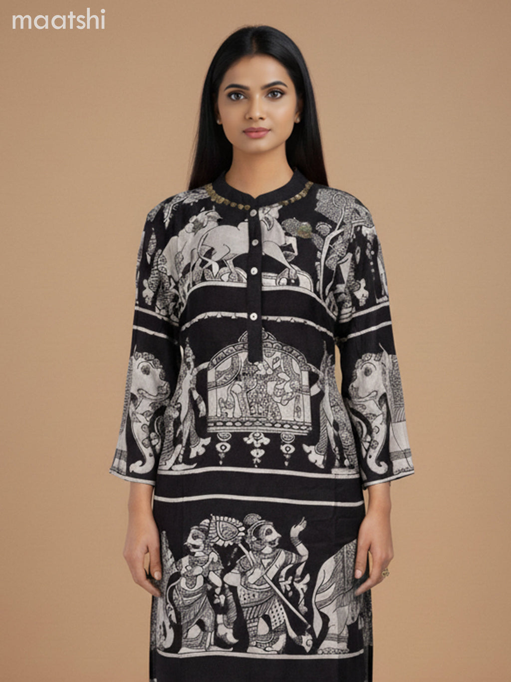 Modal kurti set black with allover kalamkari prints & simple neck pattern and palazzo pant