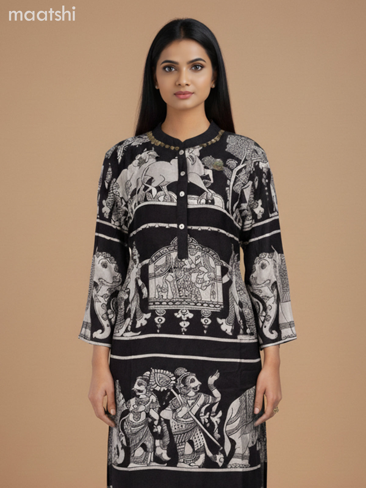 Modal kurti set black with allover kalamkari prints & simple neck pattern and palazzo pant