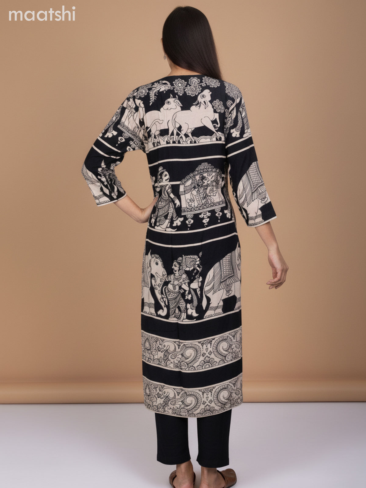 Modal kurti set black with allover kalamkari prints & simple neck pattern and palazzo pant