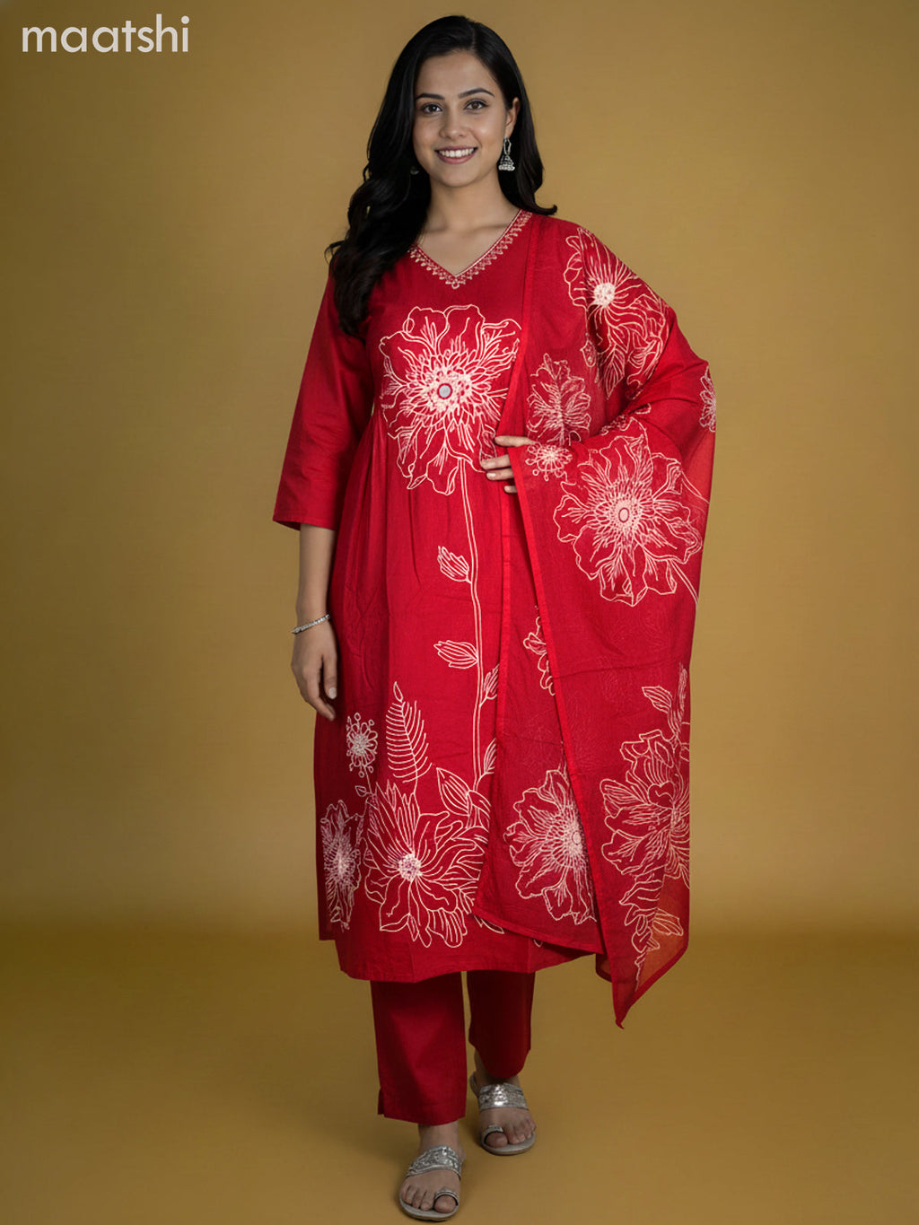 Maroon Cotton Floral Printed Anarkali Suit