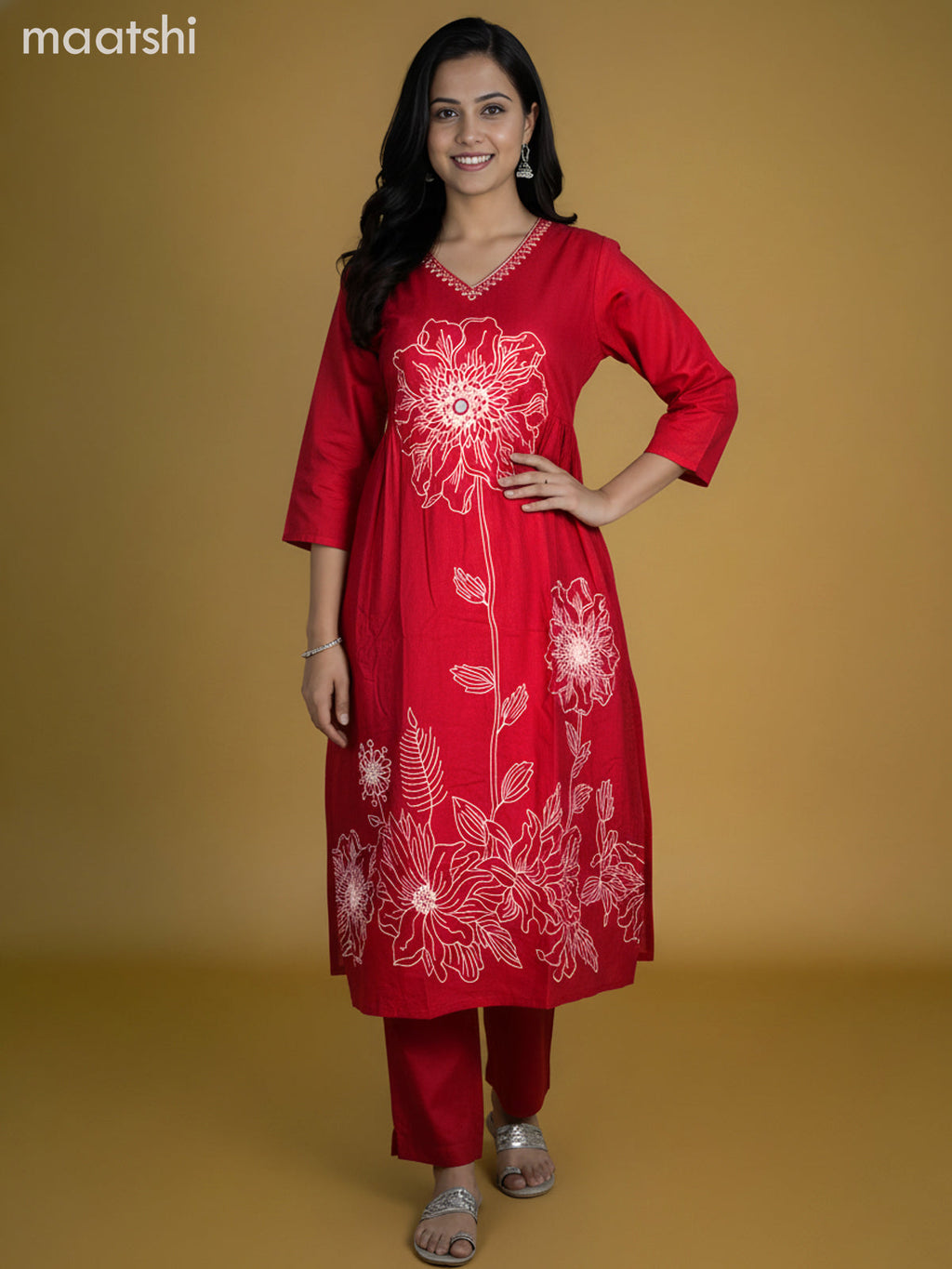 Maroon Cotton Floral Printed Anarkali Suit